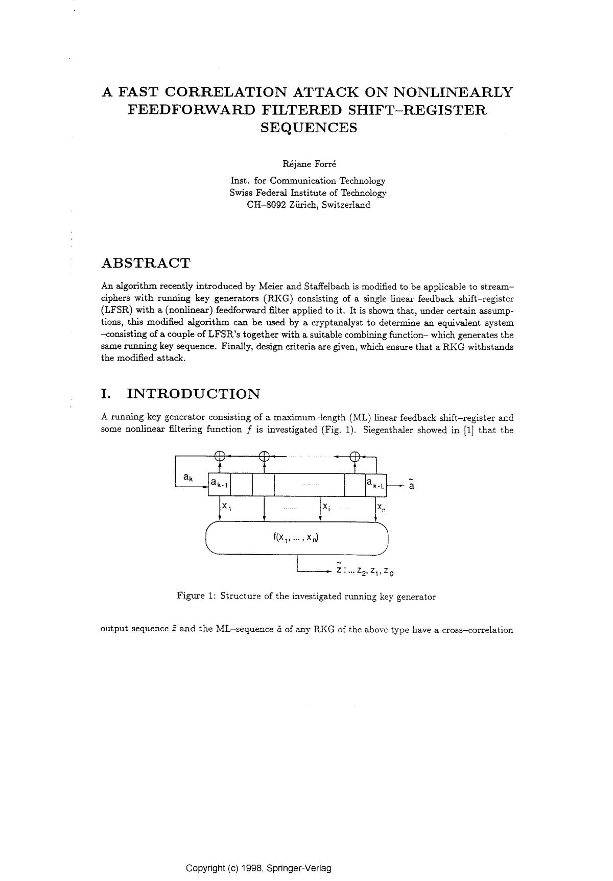 A fast correlation attack on nonlinearly feed-forward filtered shift-register sequences