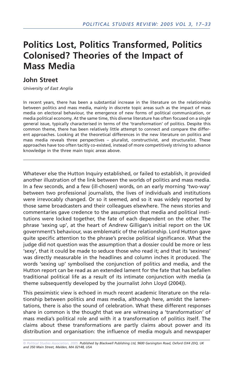 Politics Lost, Politics Transformed, Politics Colonised? Theories of the Impact of Mass Media