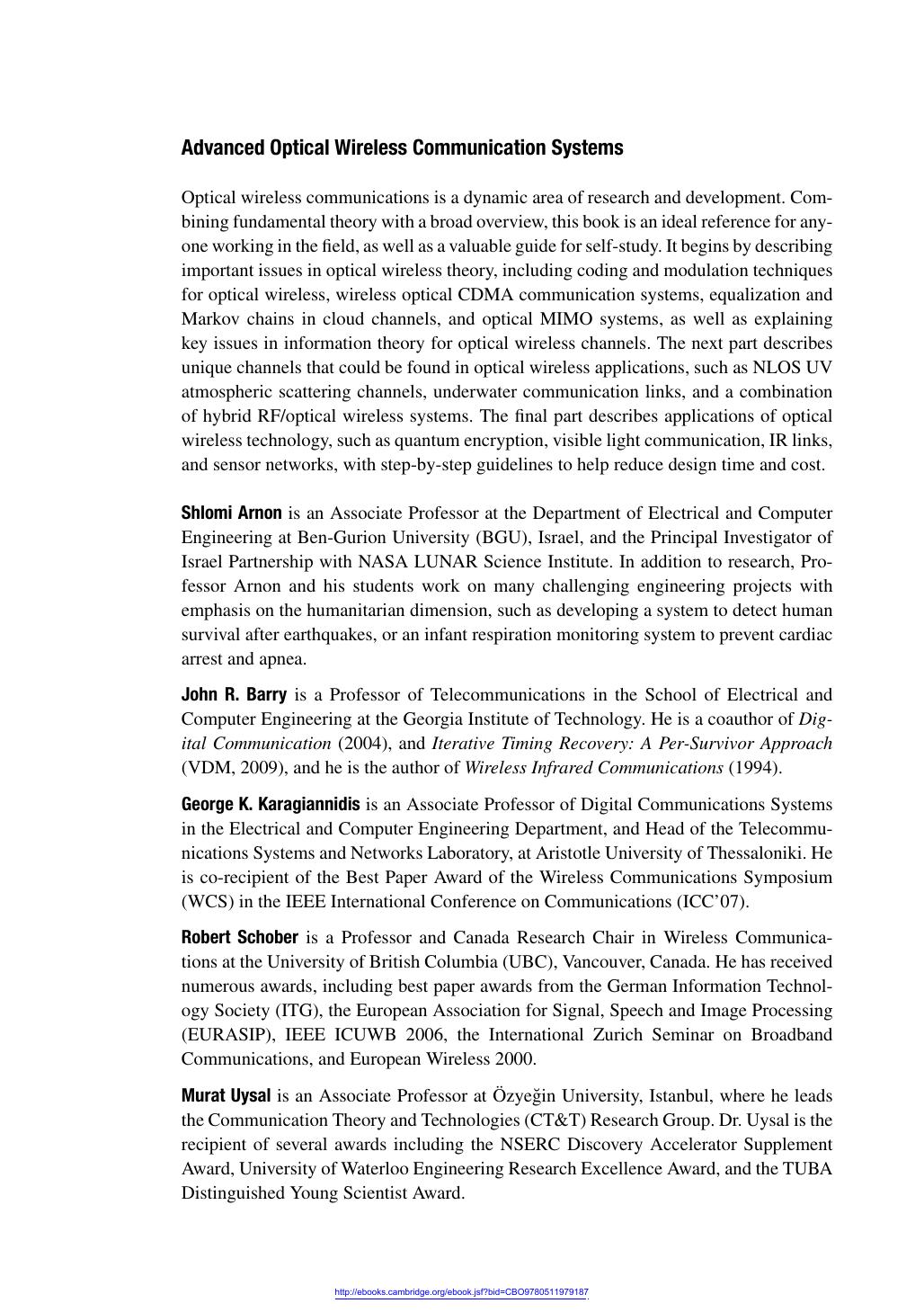 Arnon S., Barry J., Karagiannidis G., Schober R., Uysal M. (eds.) Advanced optical wireless communication systems 2012(1)