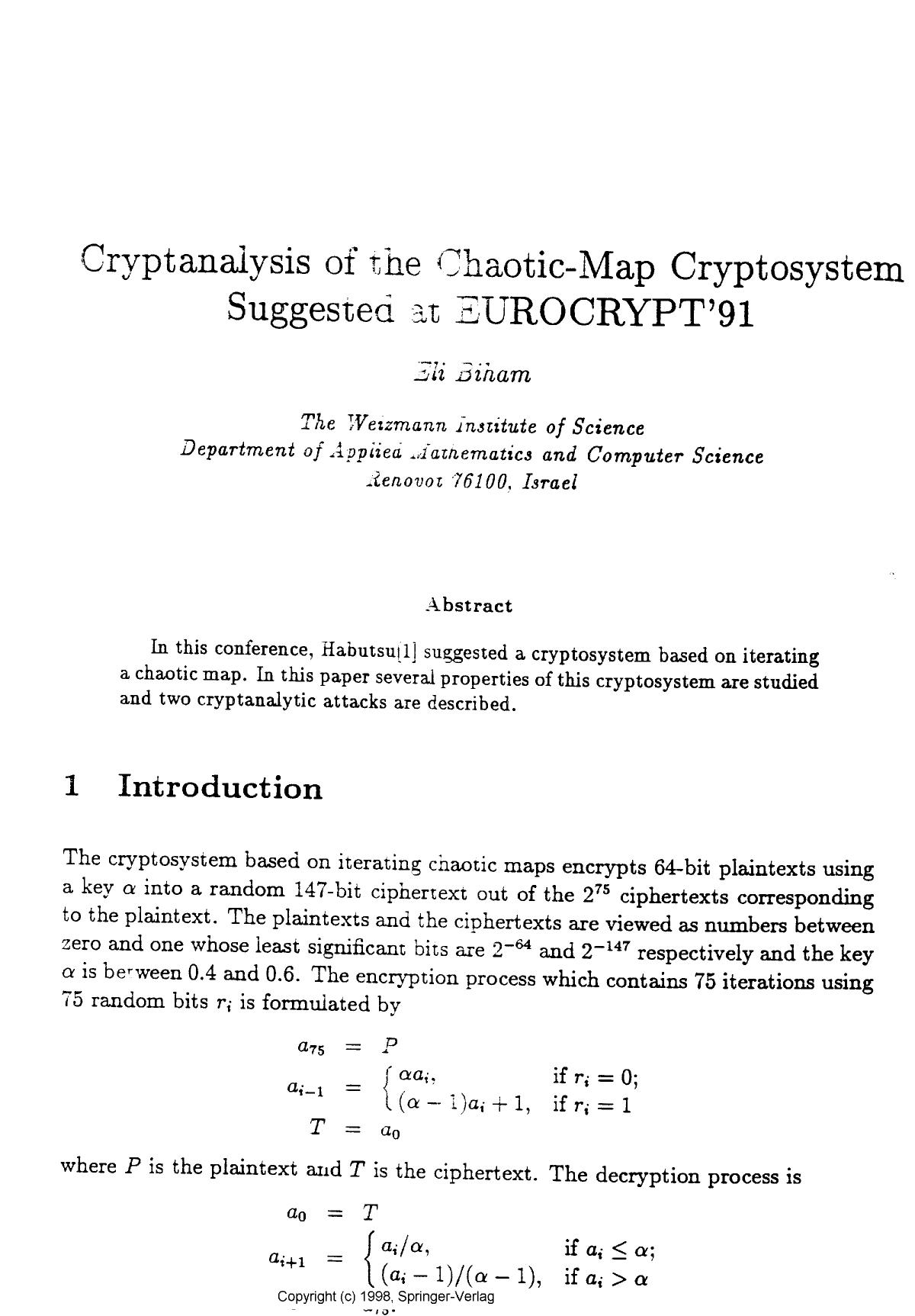 Cryptanalysis of the chaotic-map cryptosystem suggested at EUROCRYPT'91