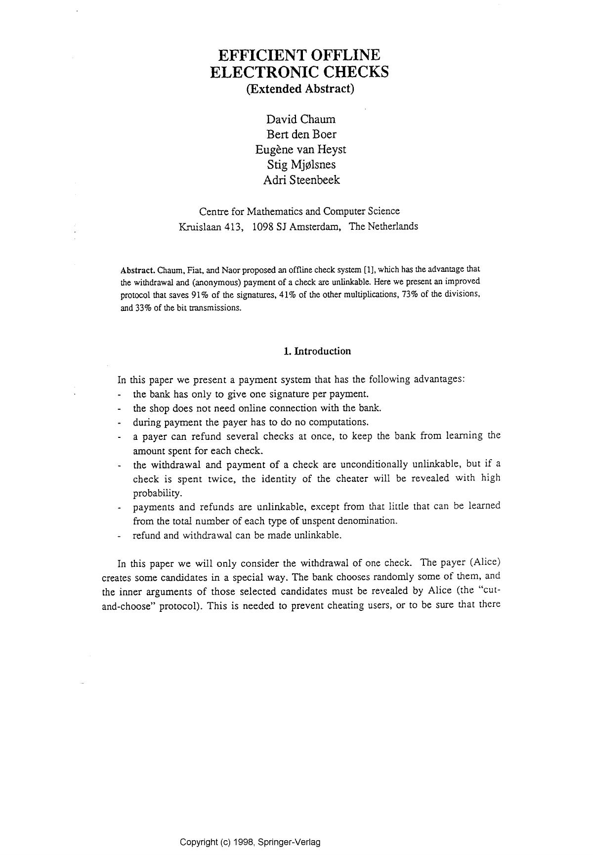Efficient offline electronic checks (extended abstract)