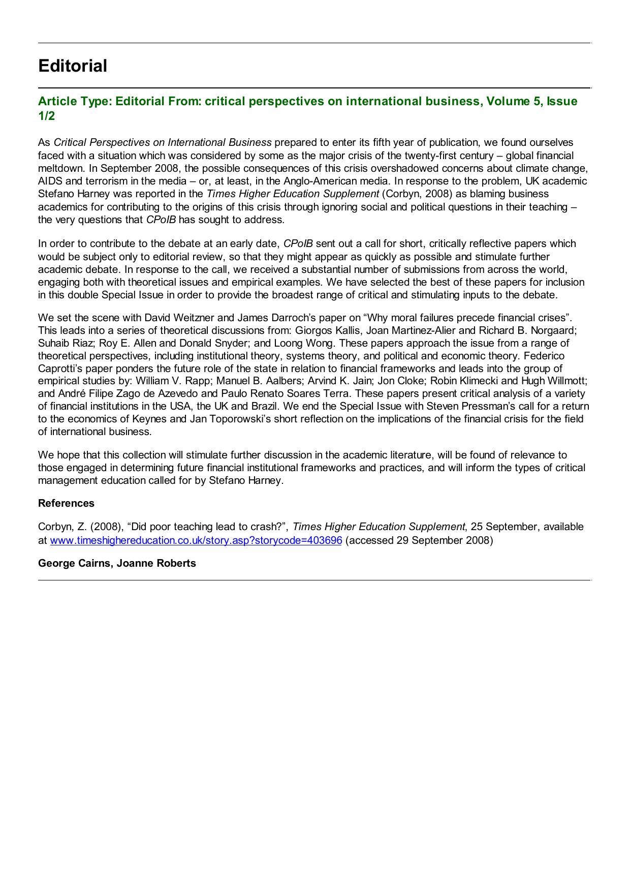 Reflections on a Global Financial Crisis (Critical Perspectives on International Business) 2009