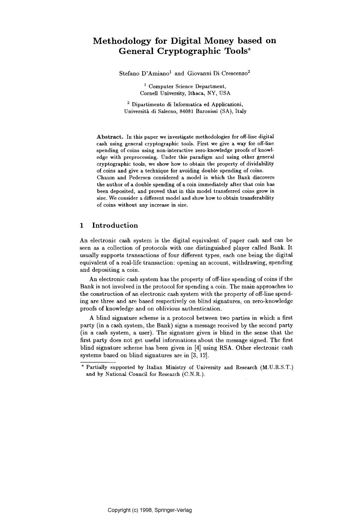 Methodology for digital money based on general cryptographic tools