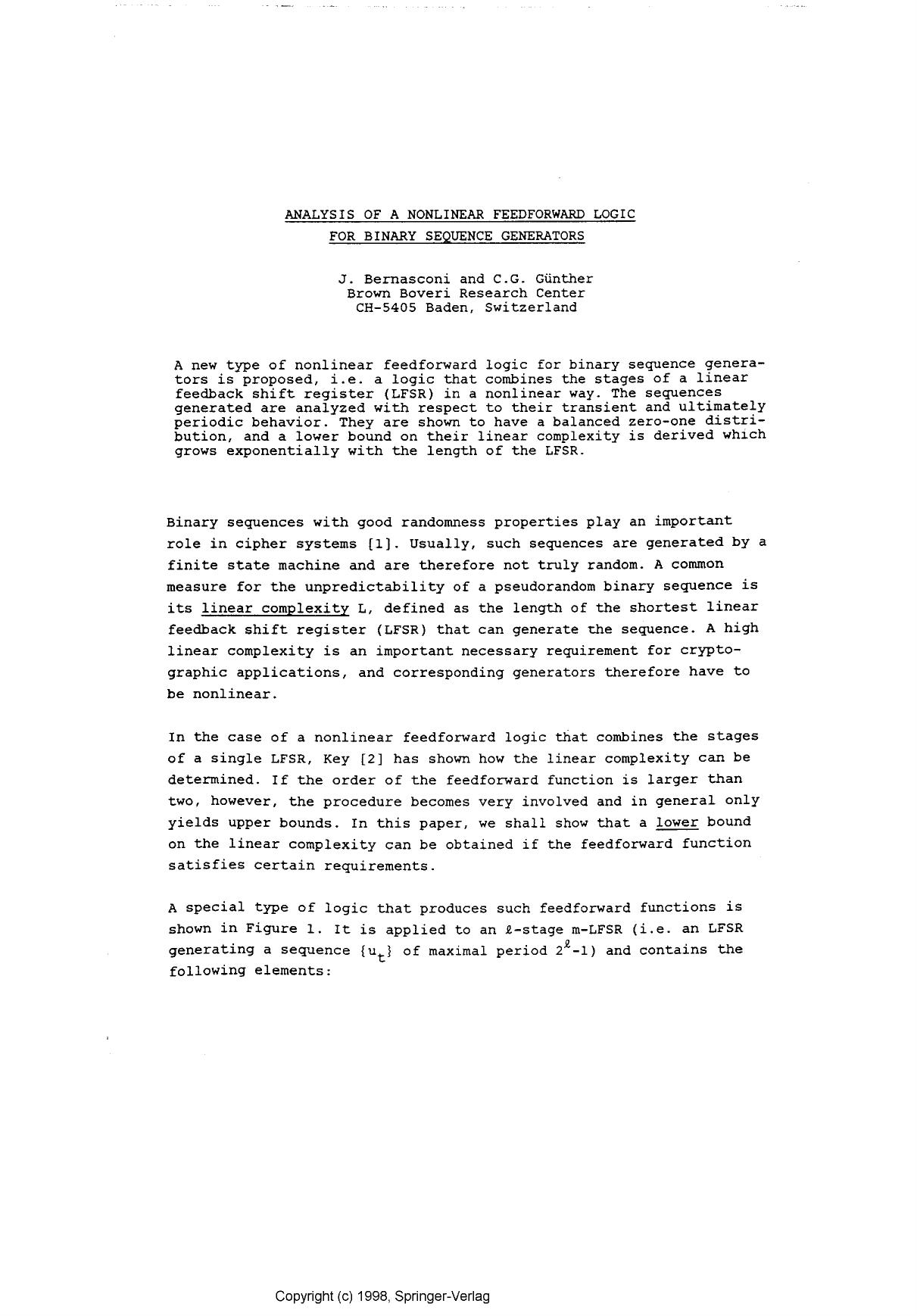 Analysis of a nonlinear feedforward logic for binary sequence generators.