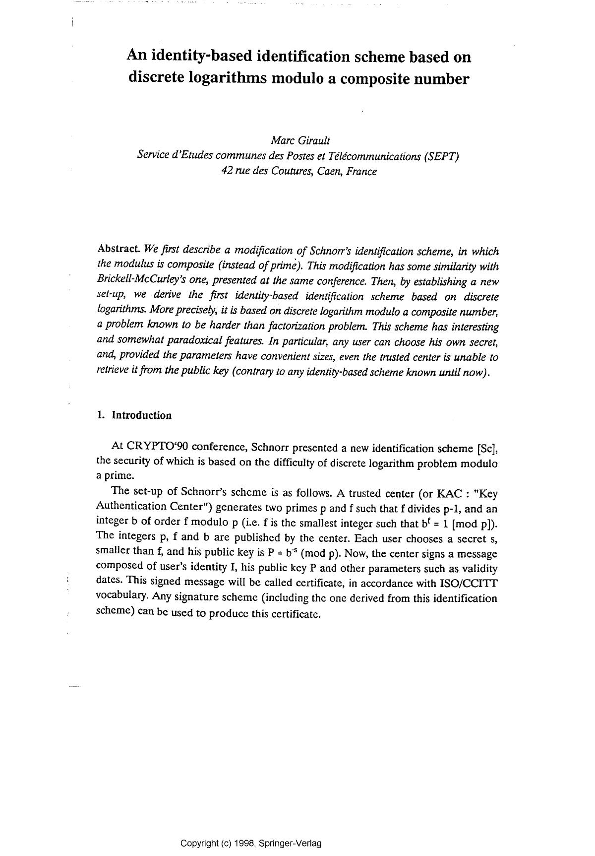 An identity-based identification scheme based on discrete logarithms modulo a composite number