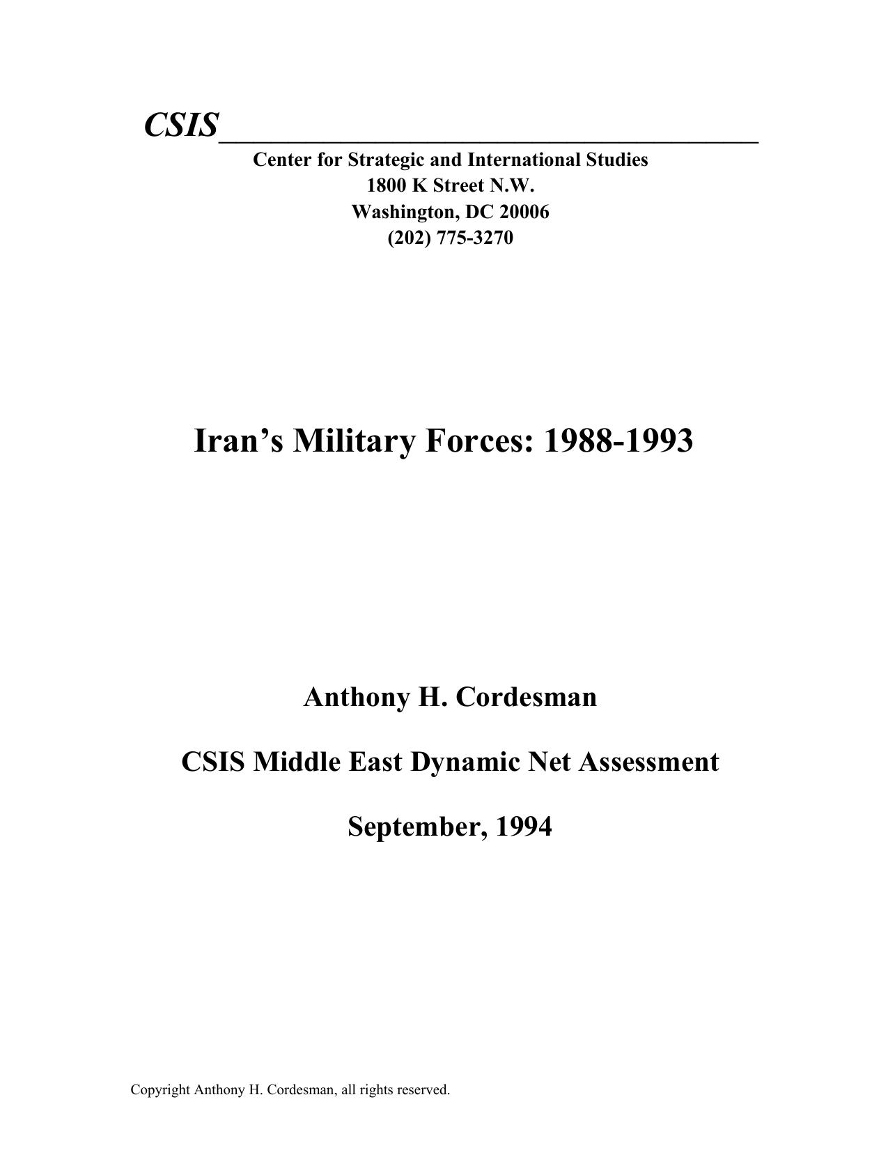 Iran's Military Forces: 1988-1993 - September, 1994