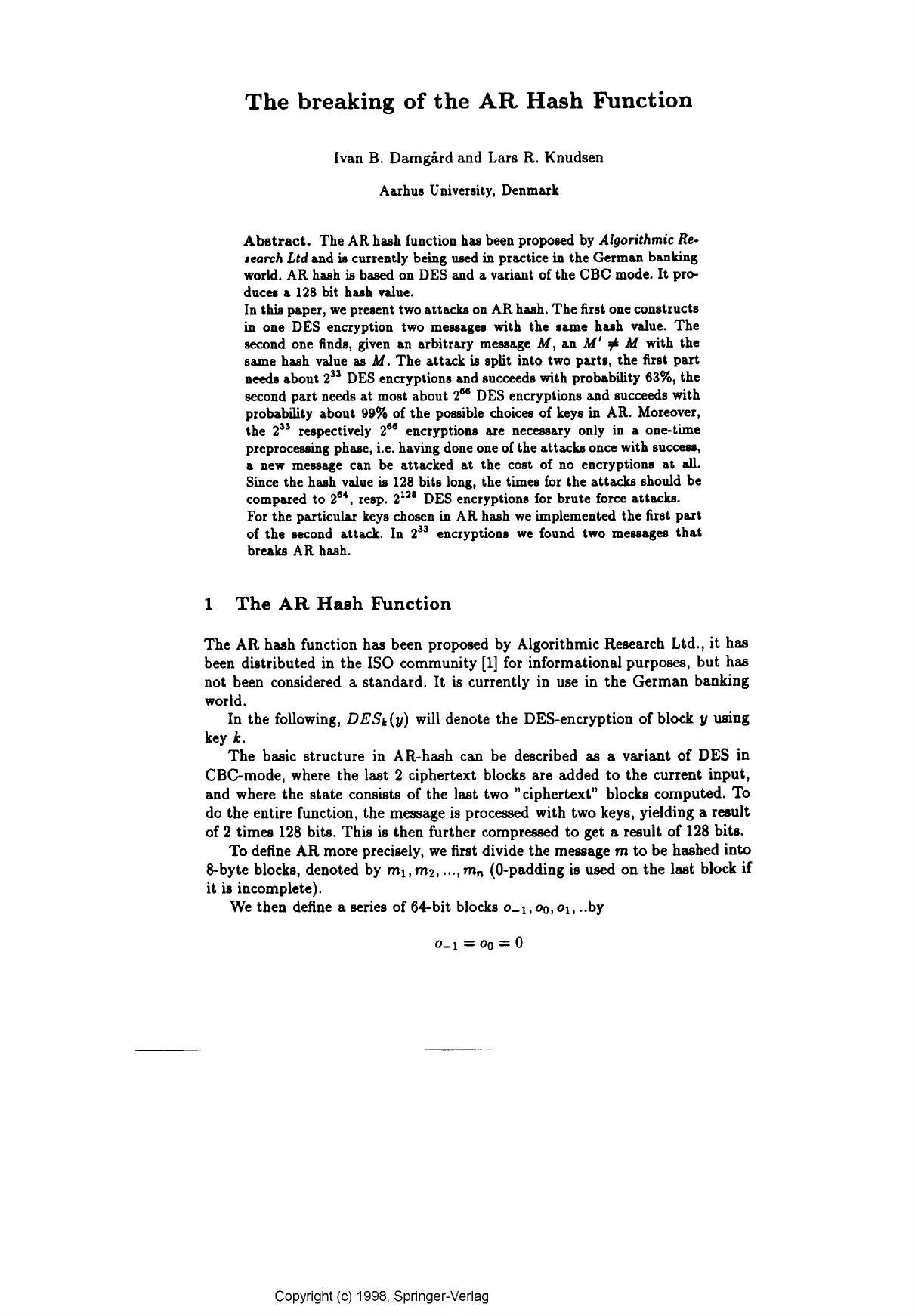 The breaking of the AR hash function