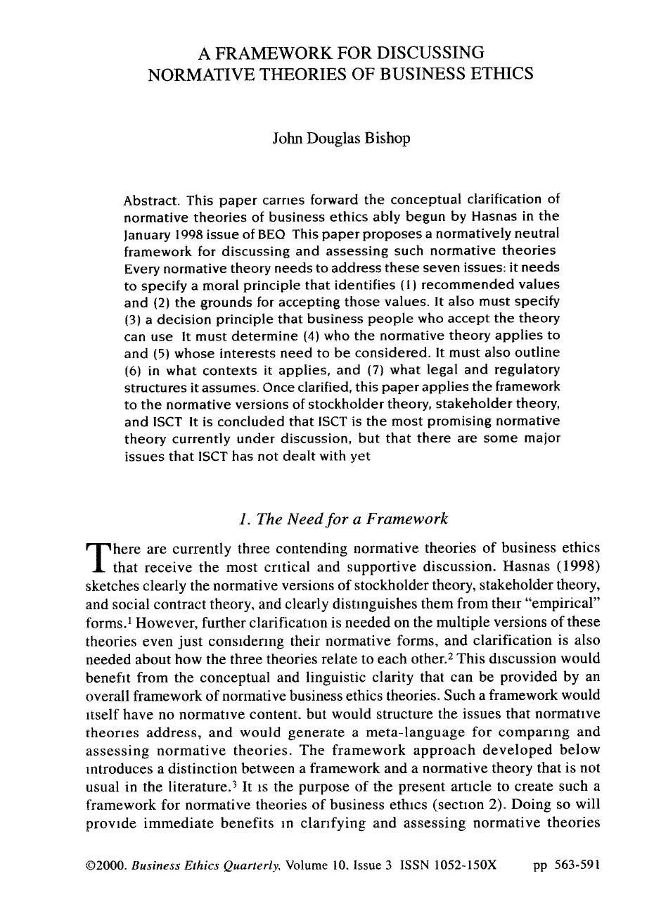 A FRAMEWORK FOR DISCUSSING NORMATIVE THEORIES OF BUSINESS ETHICS.