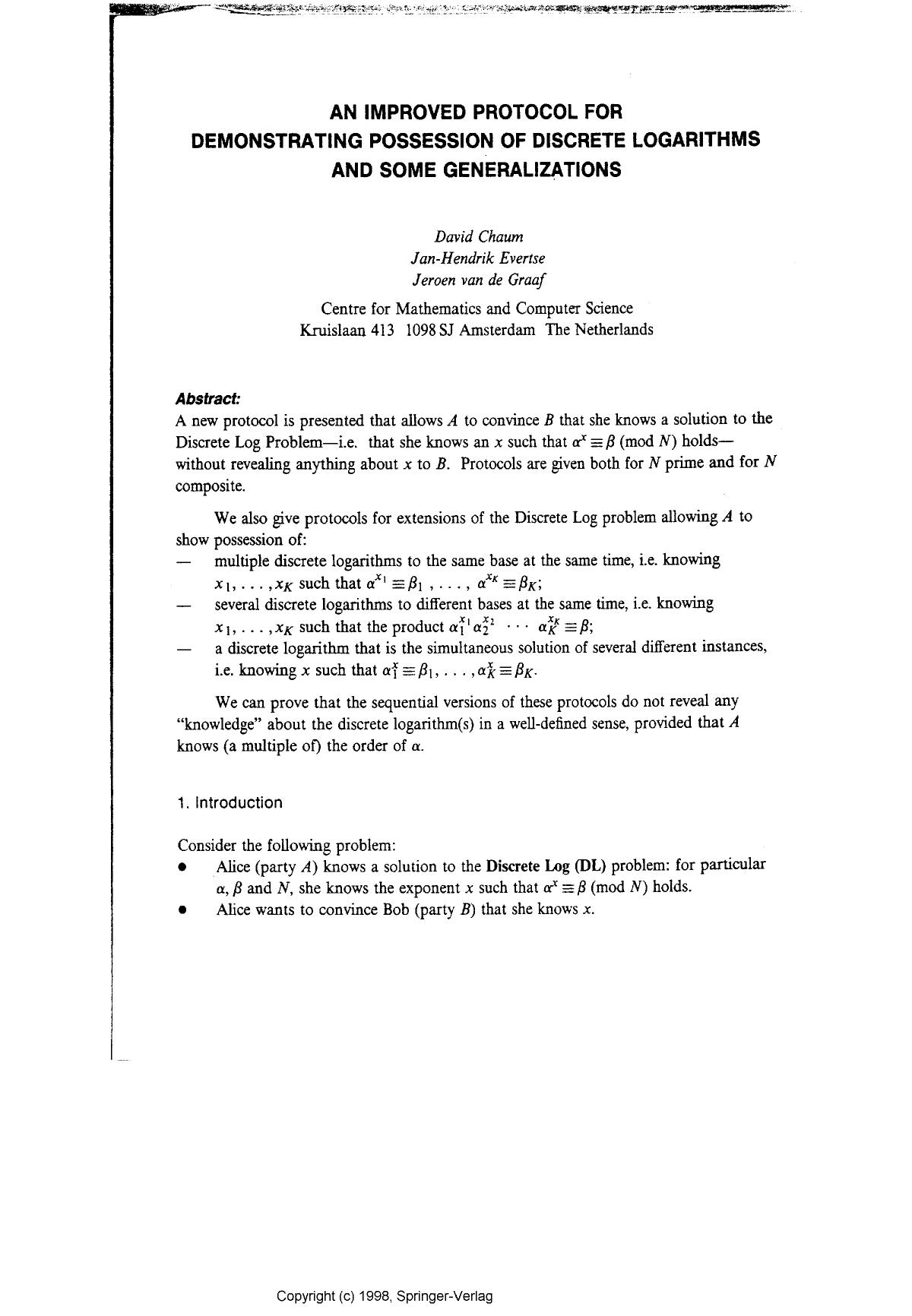 An improved protocol for demonstrating possession of discrete logarithms and some generalizations