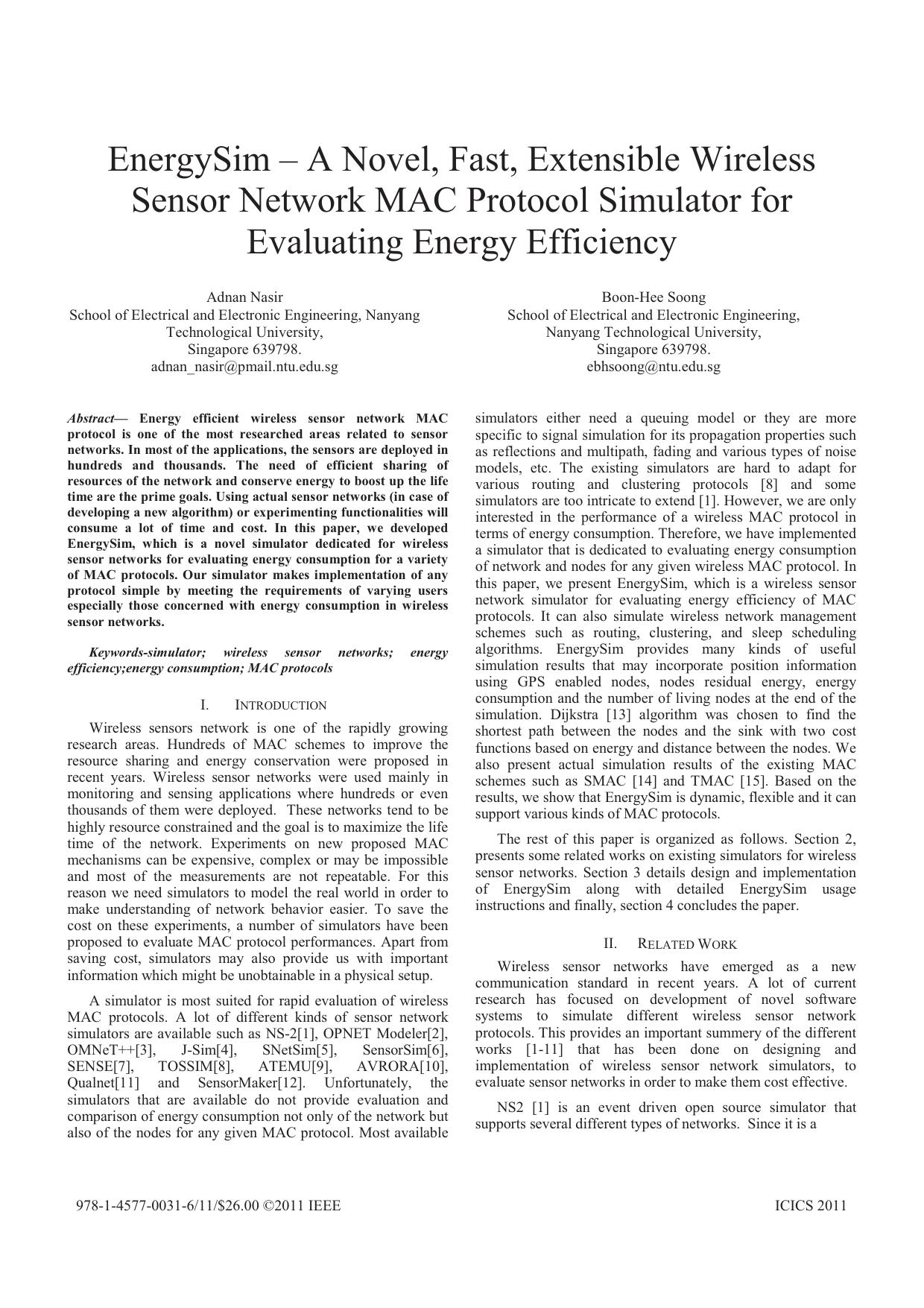 EnergySim – A Novel, Fast, Extensible Wireless Sensor Network MAC Protocol Simulator for Evaluating Energy Efficiency