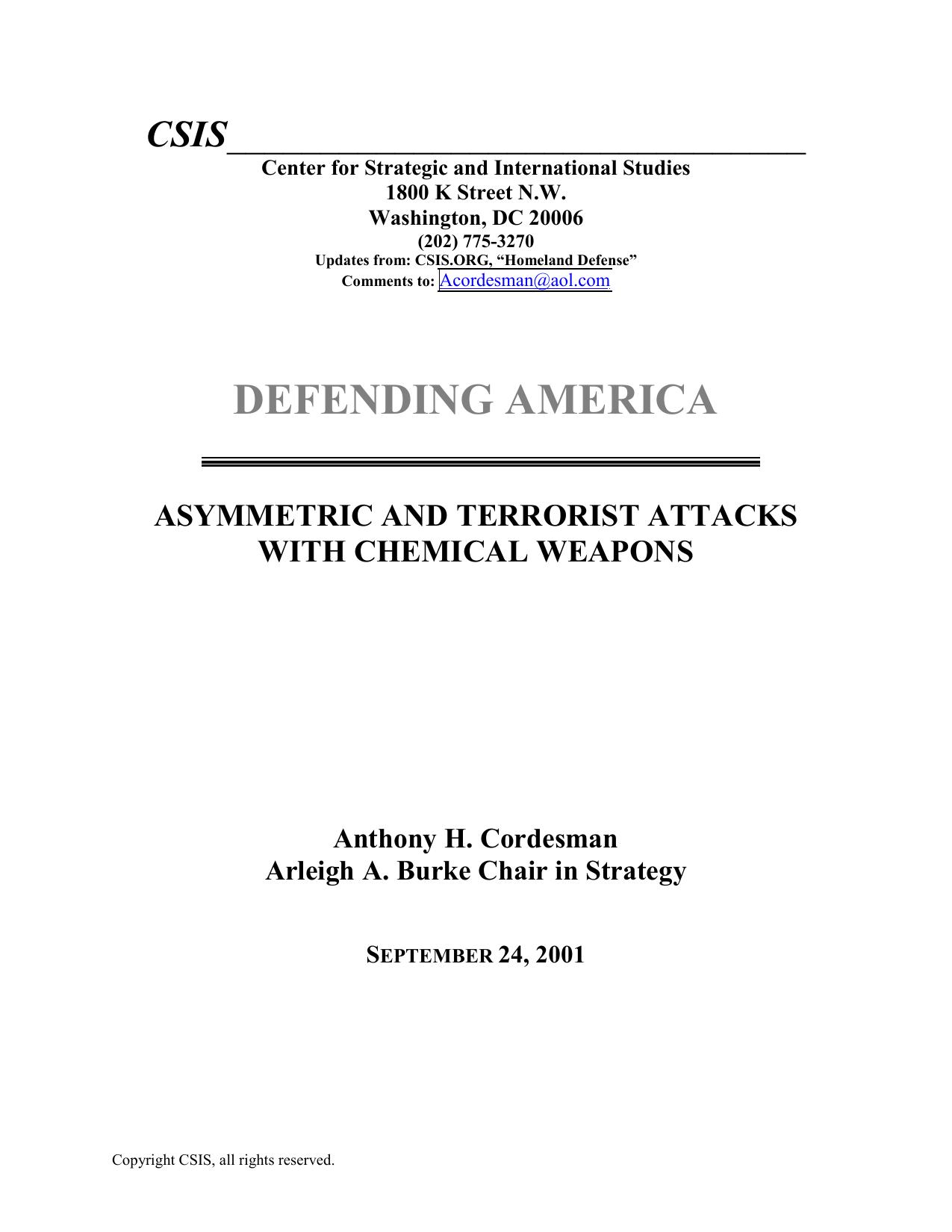ASYMMETRIC AND TERRORIST ATTACKS WITH CHEMICAL WEAPONS - SEPTEMBER 24, 2001