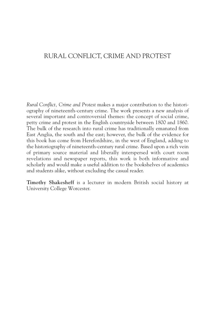Rural Conflict, Crime and Protest: Herefordshire, 1800–1860
