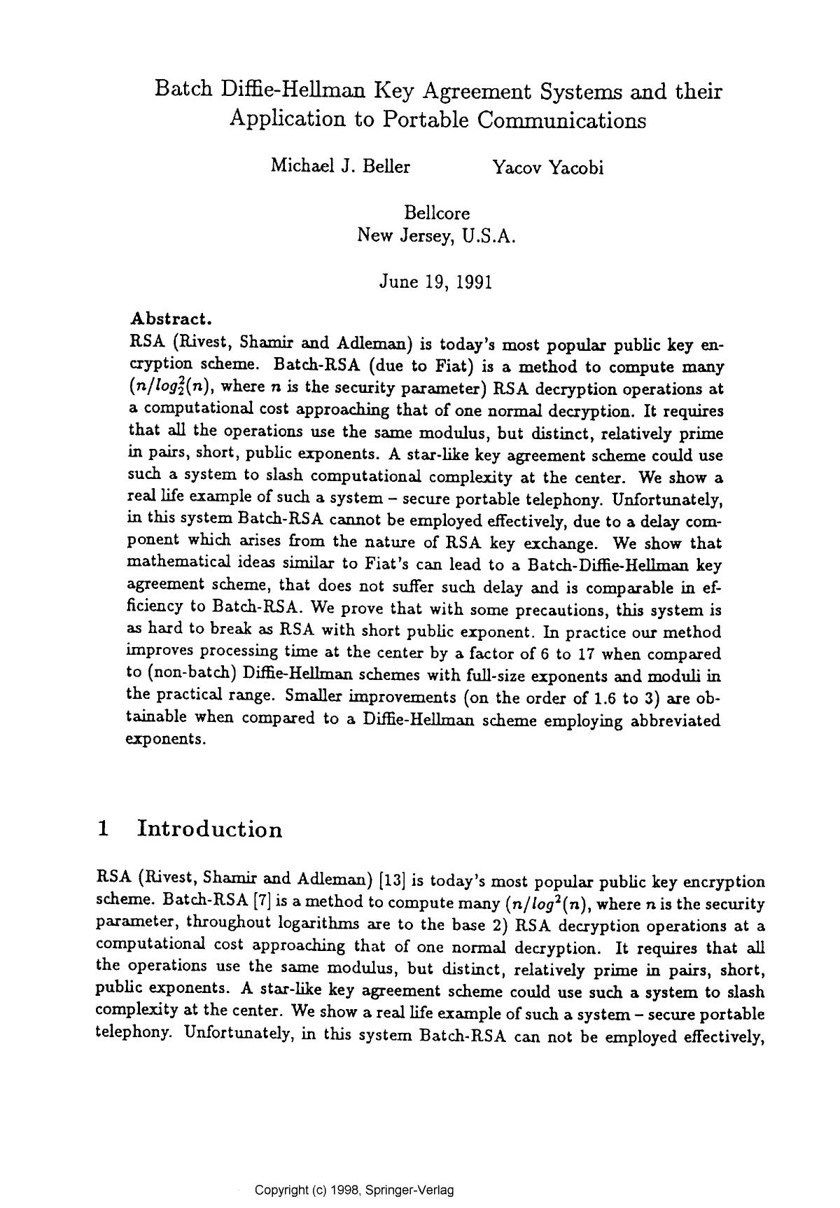 Batch Diffie-Hellman key agreement systems and their application to portable communications