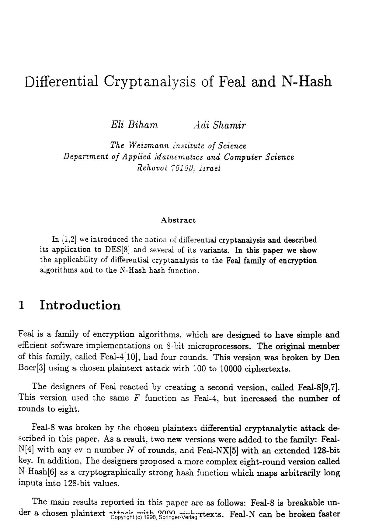 Differential cryptanalysis of Feal and N-Hash