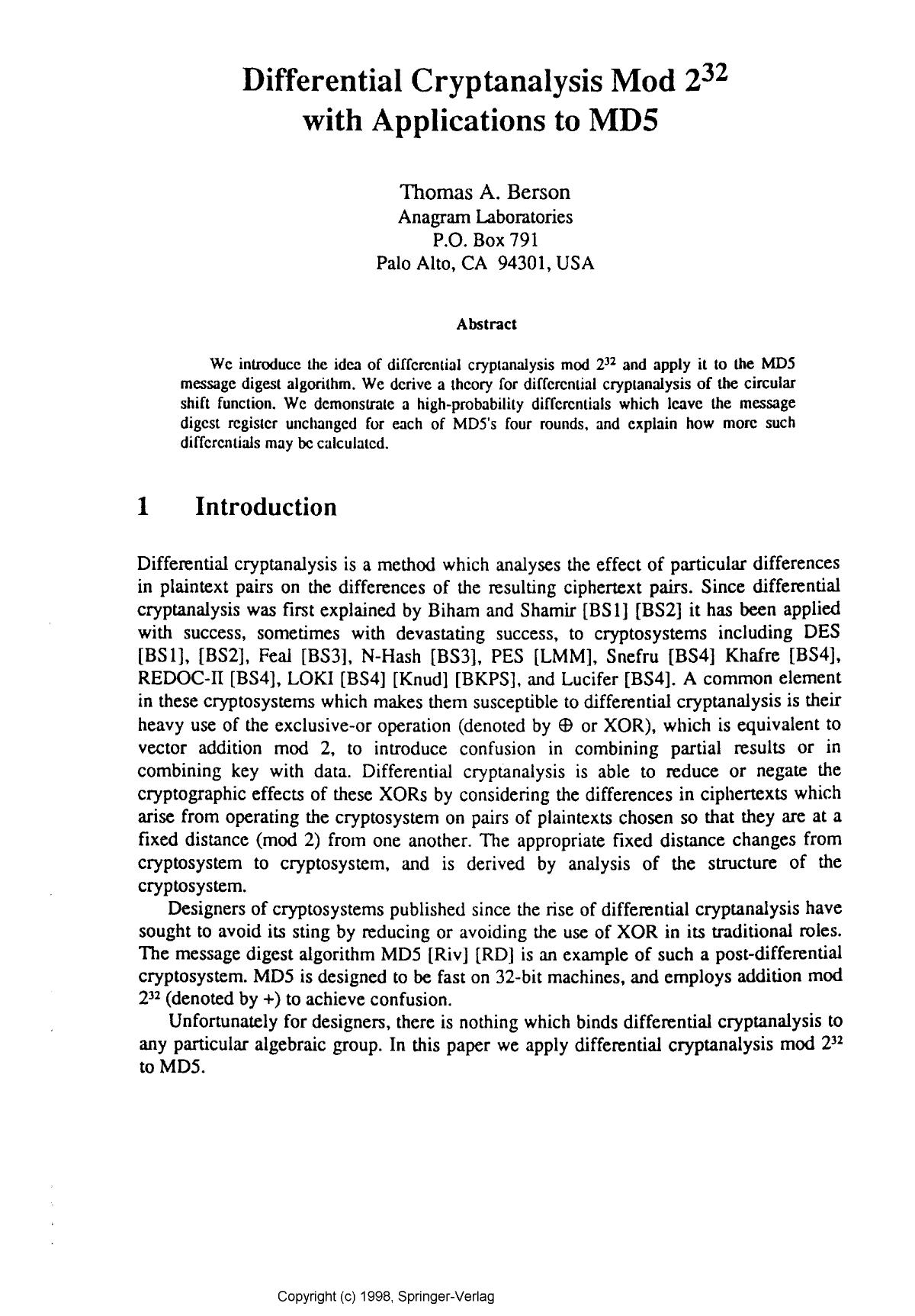 Differential cryptanalysis mod 232 with applications to MD5