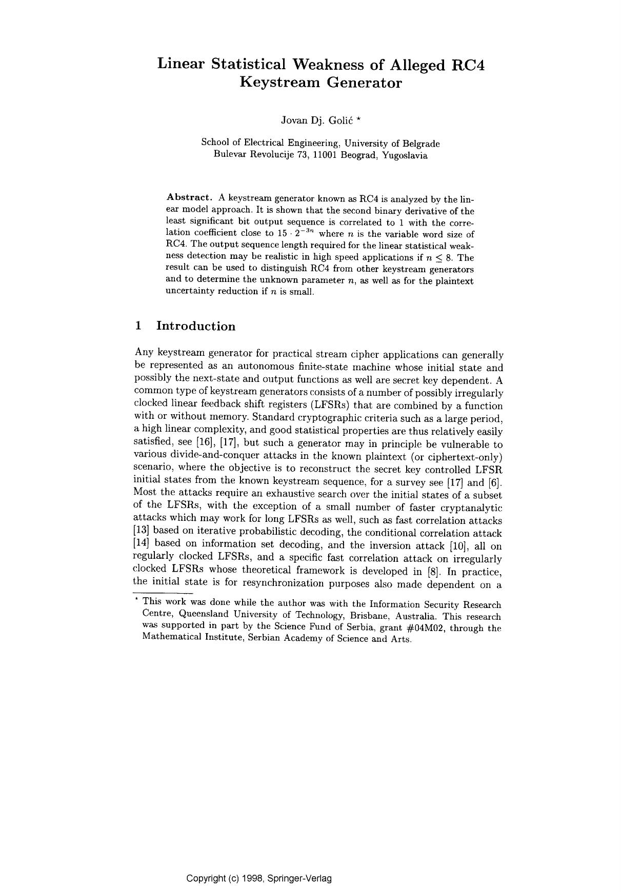 Linear Statistical Weakness of Alleged RC4 Keystream Generator