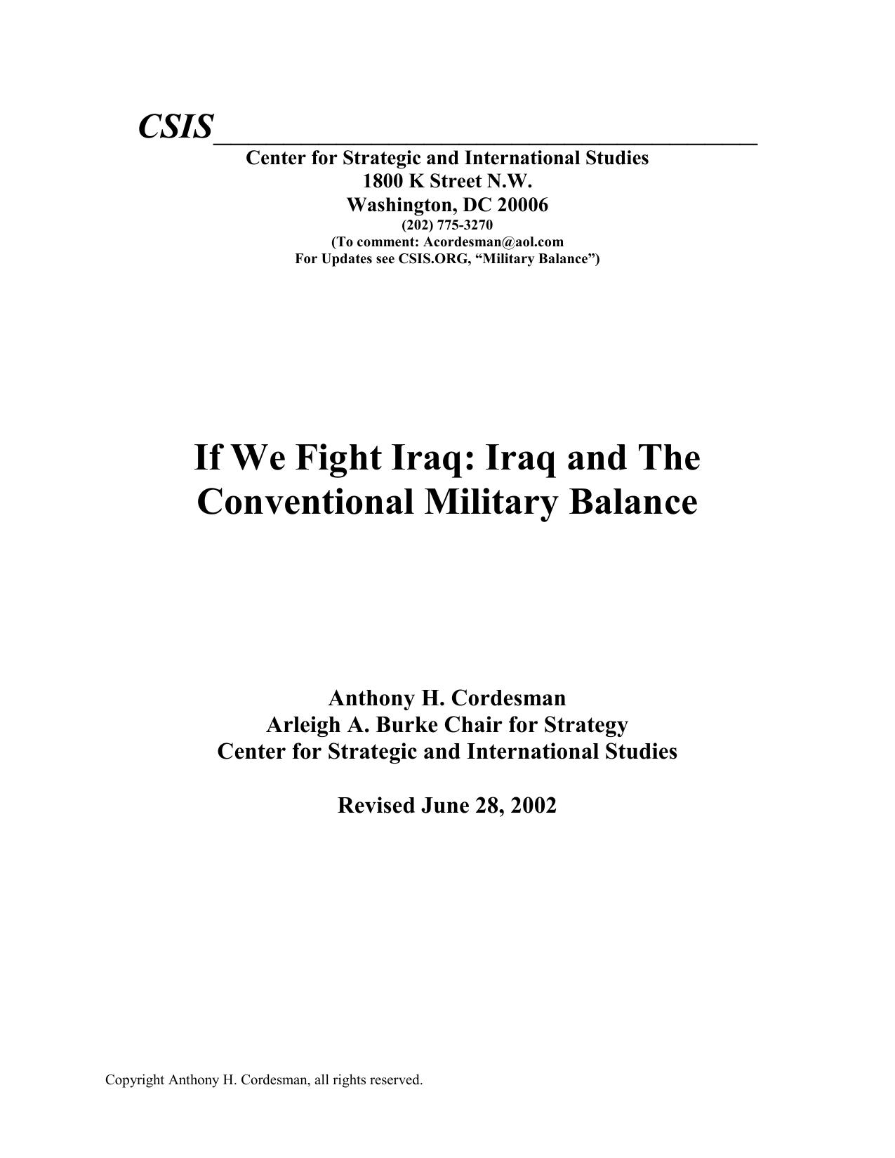 If We Fight Iraq: Iraq and The Conventional Military Balance - June 28, 2002