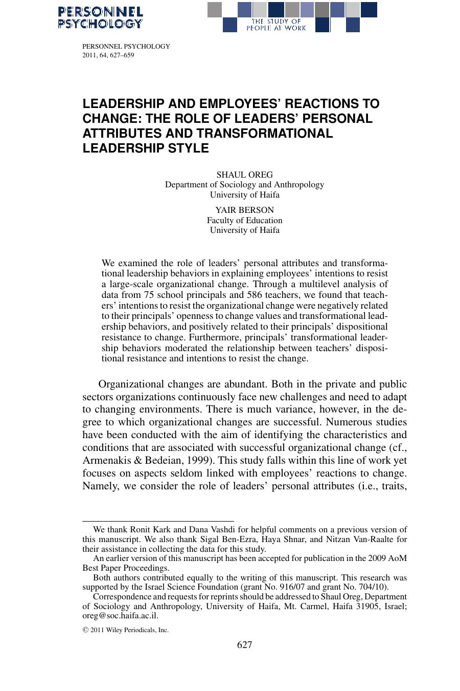 LEADERSHIP AND EMPLOYEES’ REACTIONS TO CHANGE: THE ROLE OF LEADERS’ PERSONAL ATTRIBUTES AND TRANSFORMATIONAL LEADERSHIP STYLE