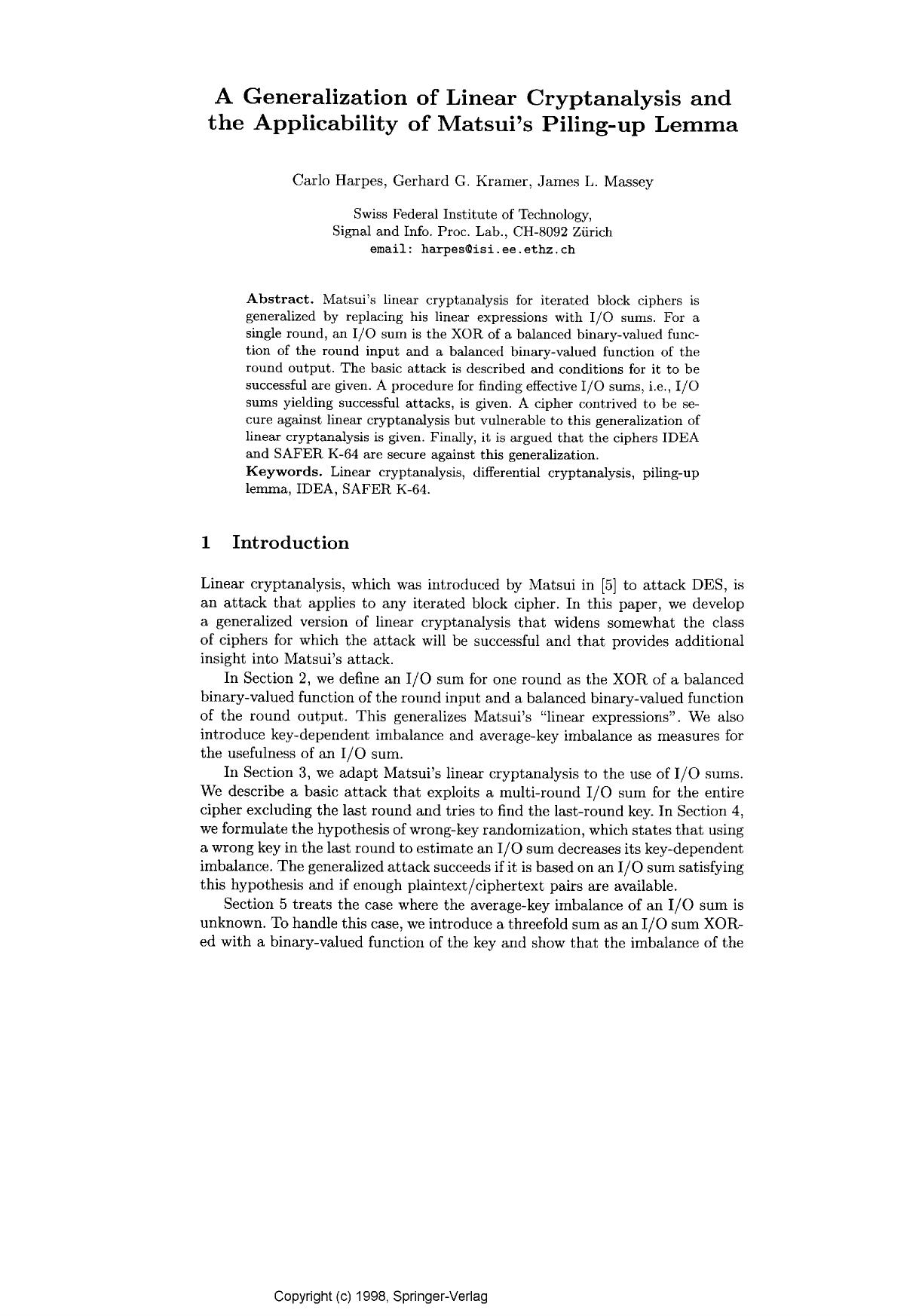 A generalization of linear cryptanalysis and the applicability of Matsui's piling-up lemma