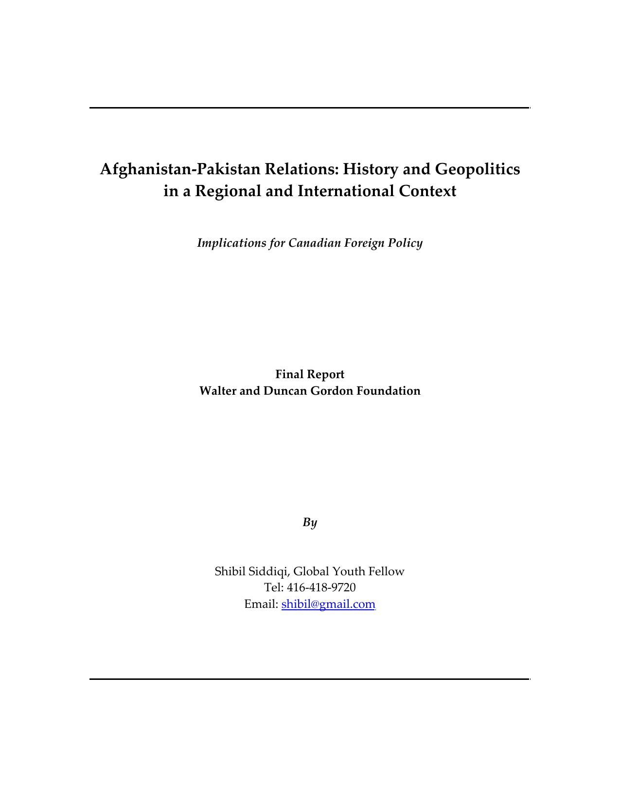 Afghanistan‐Pakistan Relations: History and Geopolitics in a Regional and International Context