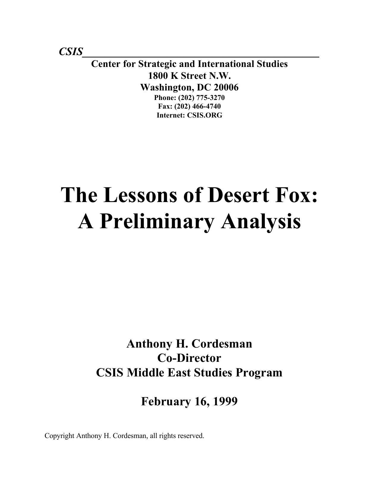 The Lessons of Desert Fox: A Preliminary Analysis - February 16, 1999