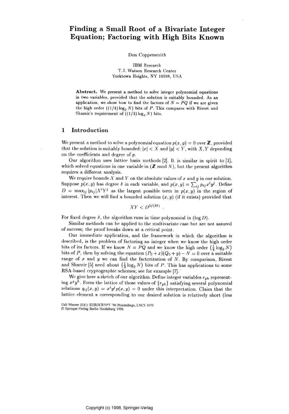 Finding a small root of a bivariate integer equation; factoring with high bits known