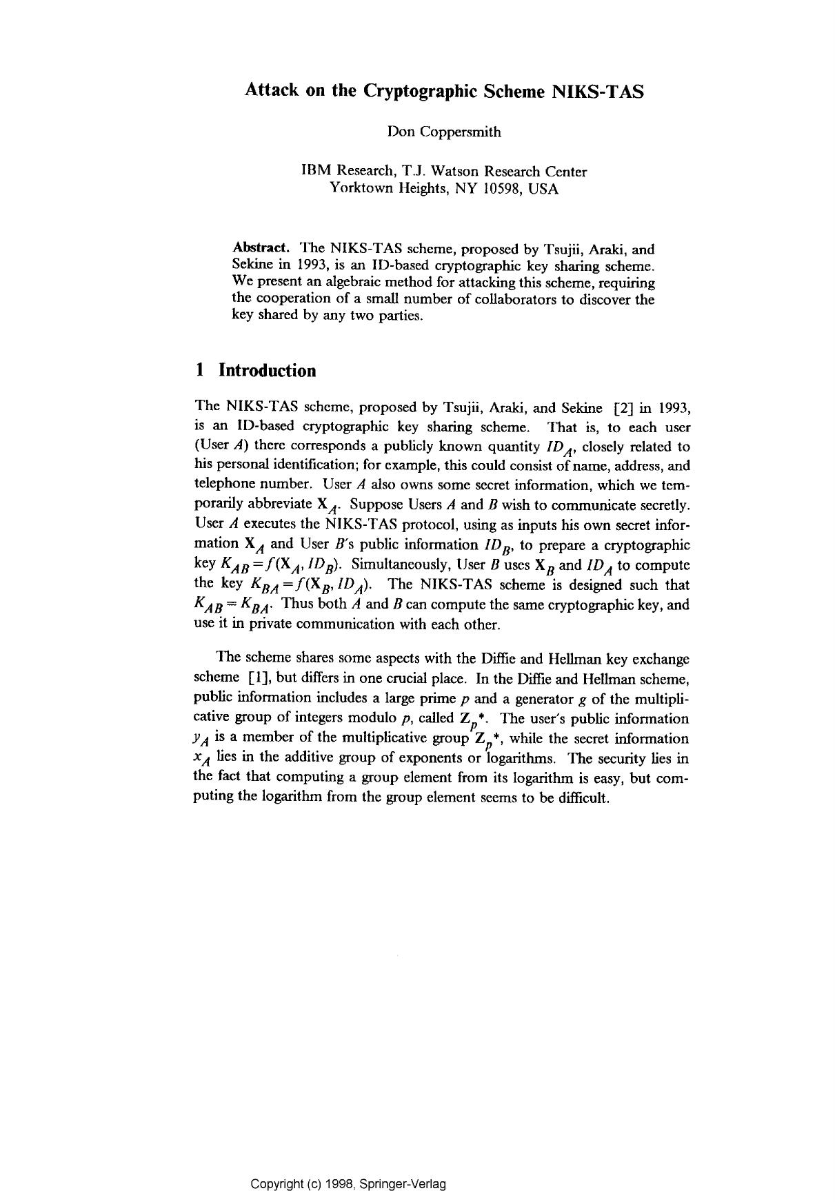 Attack on the cryptographic scheme NIKS-TAS