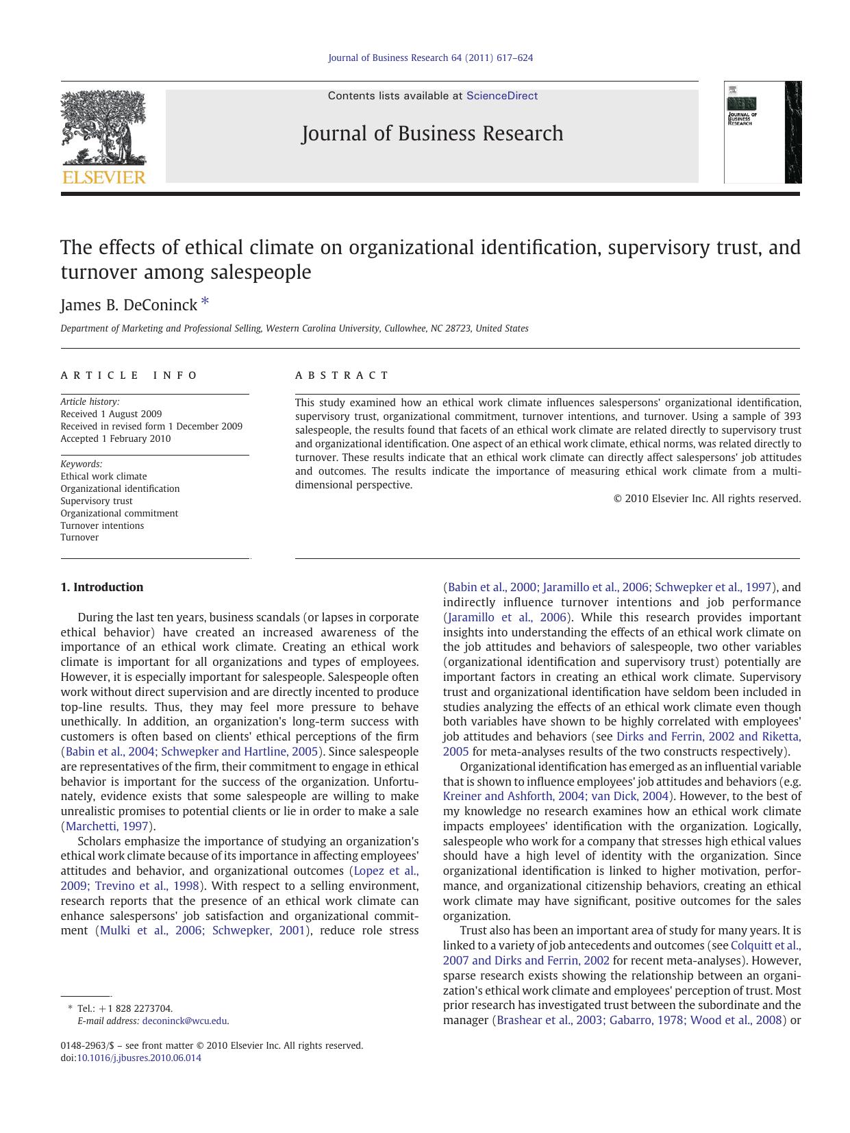 The effects of ethical climate on organizational identification, supervisory trust, and turnover among salespeople
