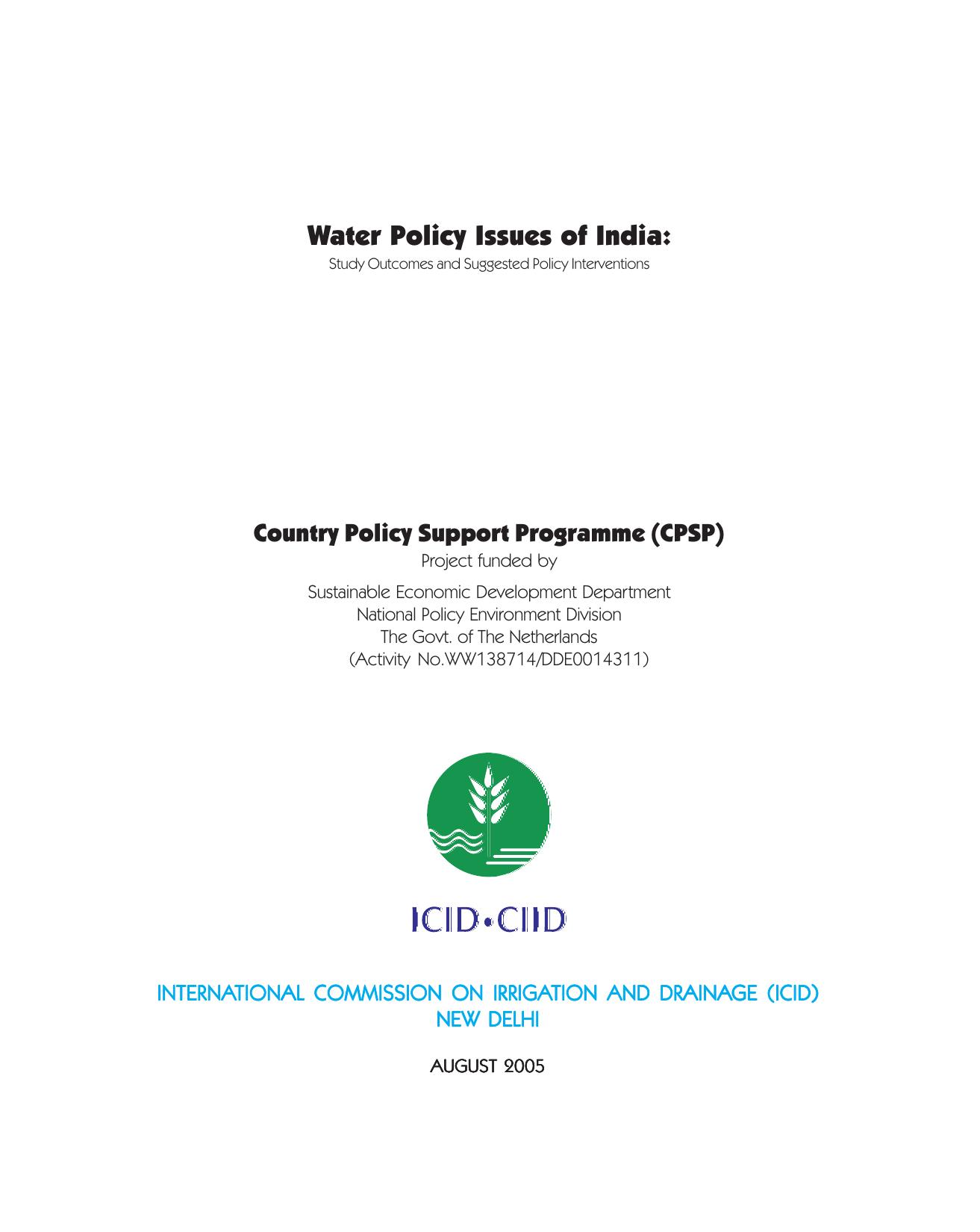 Water Policy Issues of India: Study Outcomes and Suggested Policy Interventions