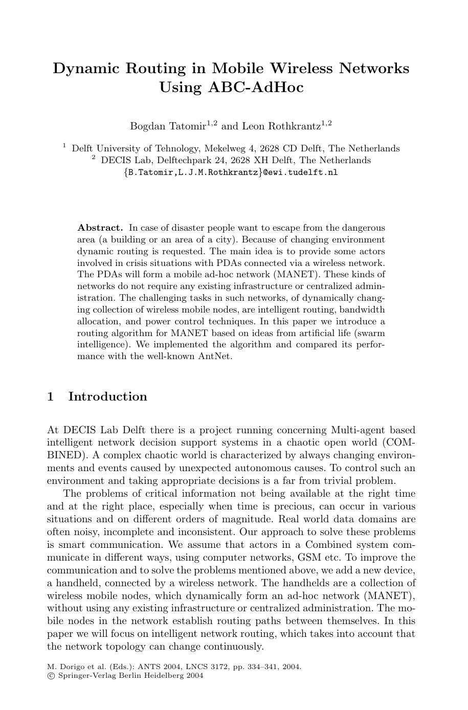 LNCS 3172 - Dynamic Routing in Mobile Wireless Networks Using ABC-AdHoc