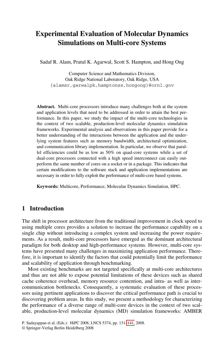 LNCS 5374 - Experimental Evaluation of Molecular Dynamics Simulations on Multi-core Systems