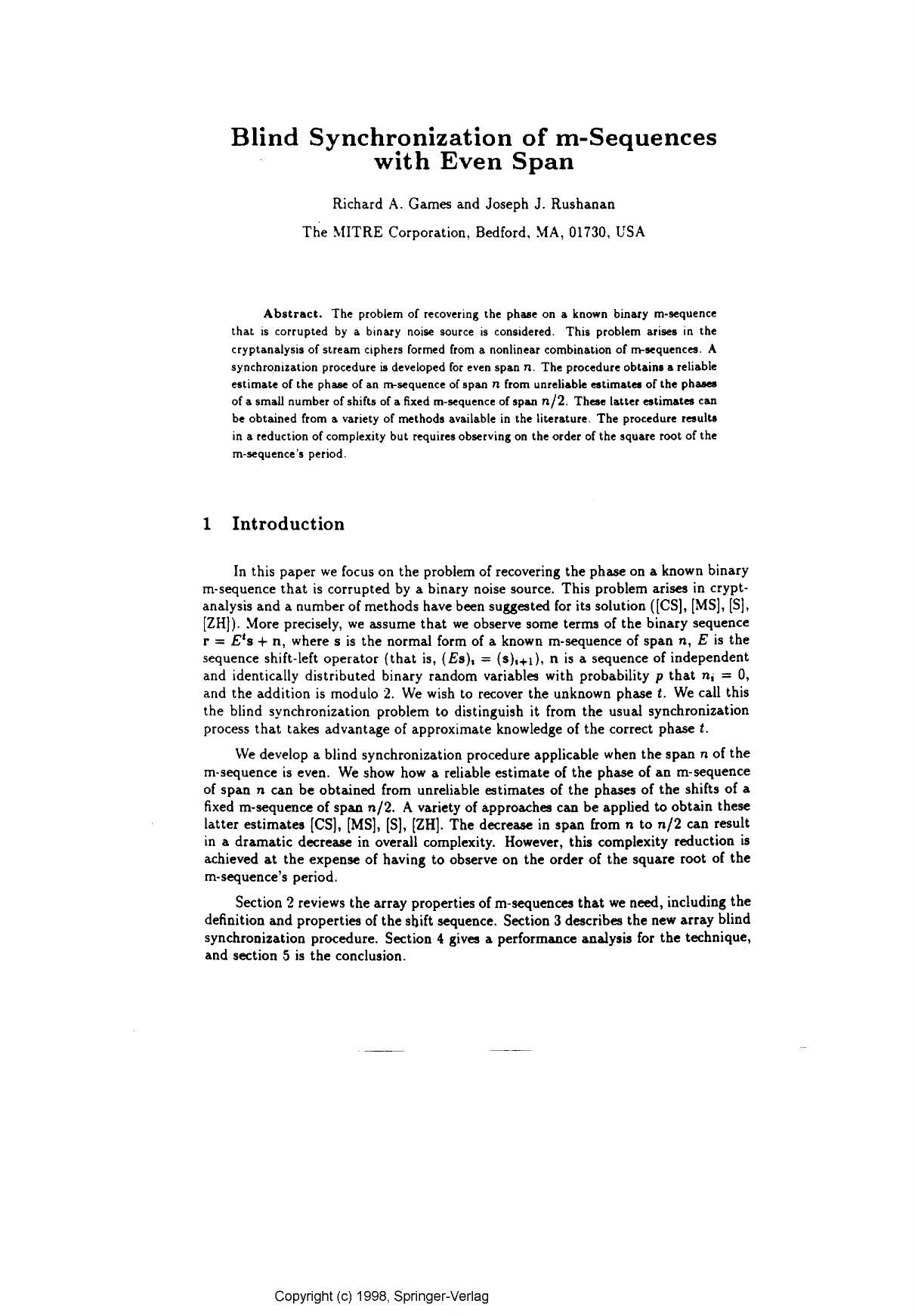 Blind synchronization of m-sequences with even span