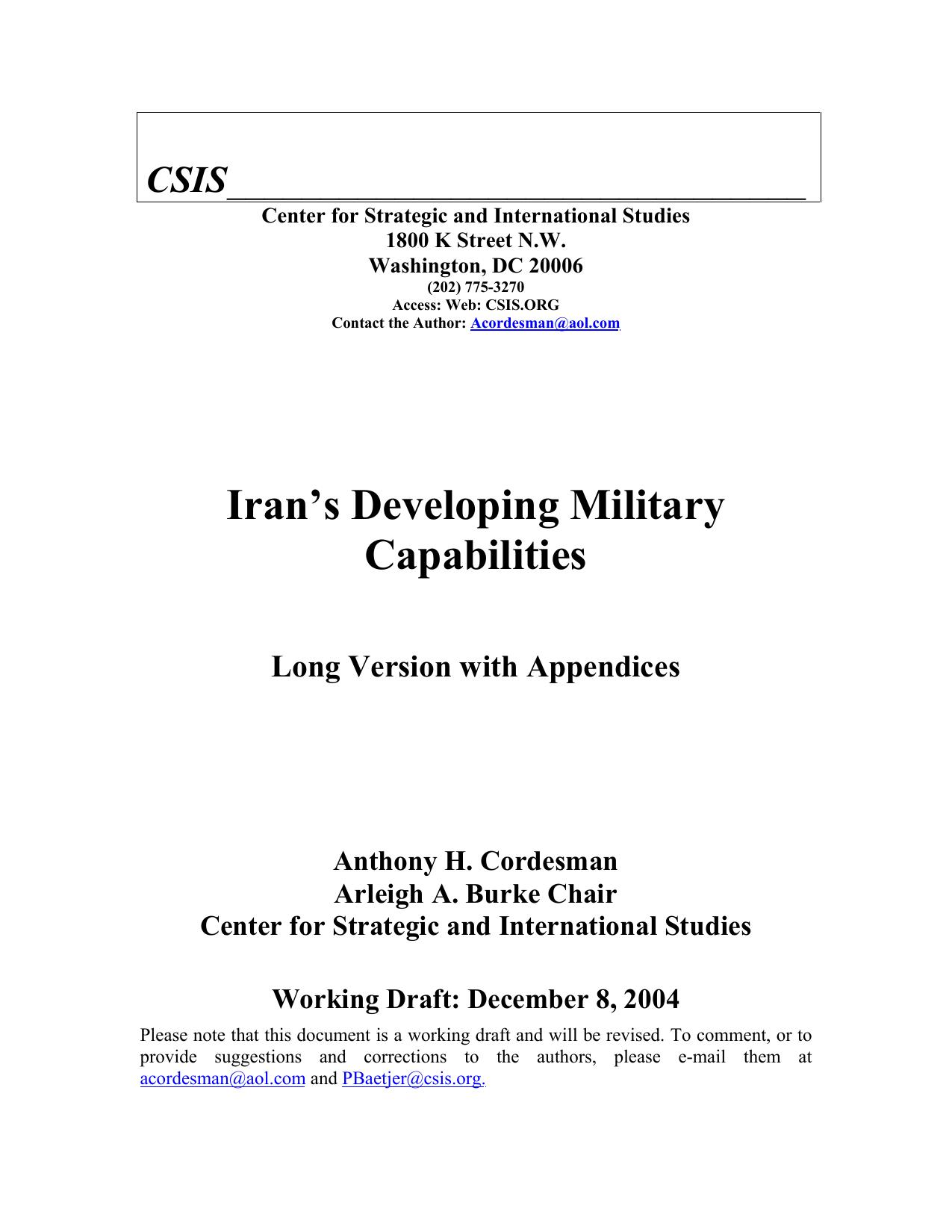 Iran’s Developing Military Capabilities - Long Version with Appendices December 8, 2004
