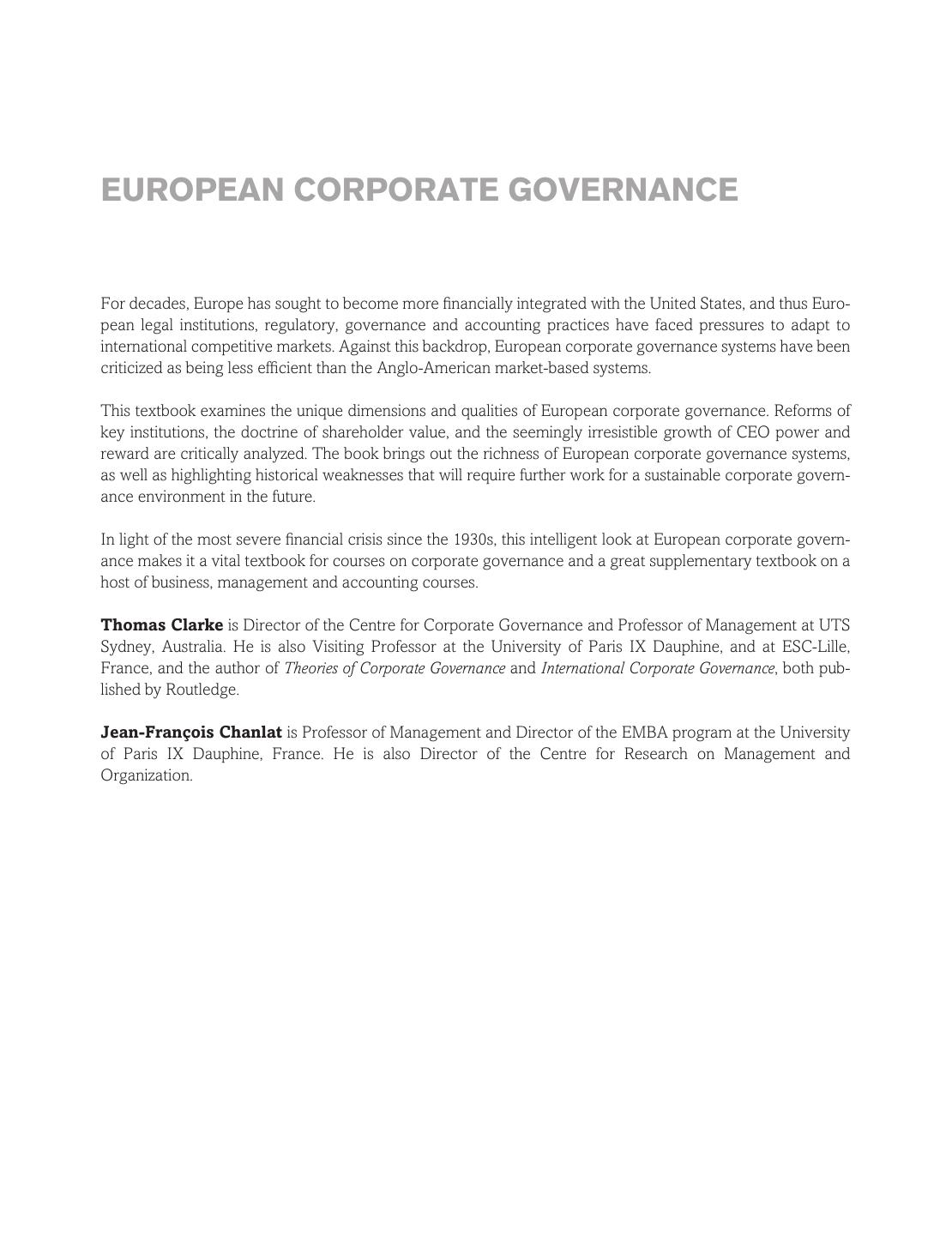 European Corporate Governance: Readings and perspectives