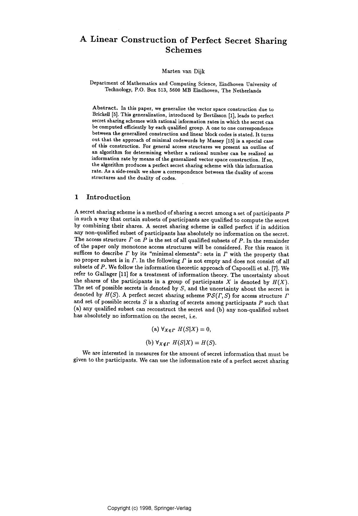 A linear construction of perfect secret sharing schemes