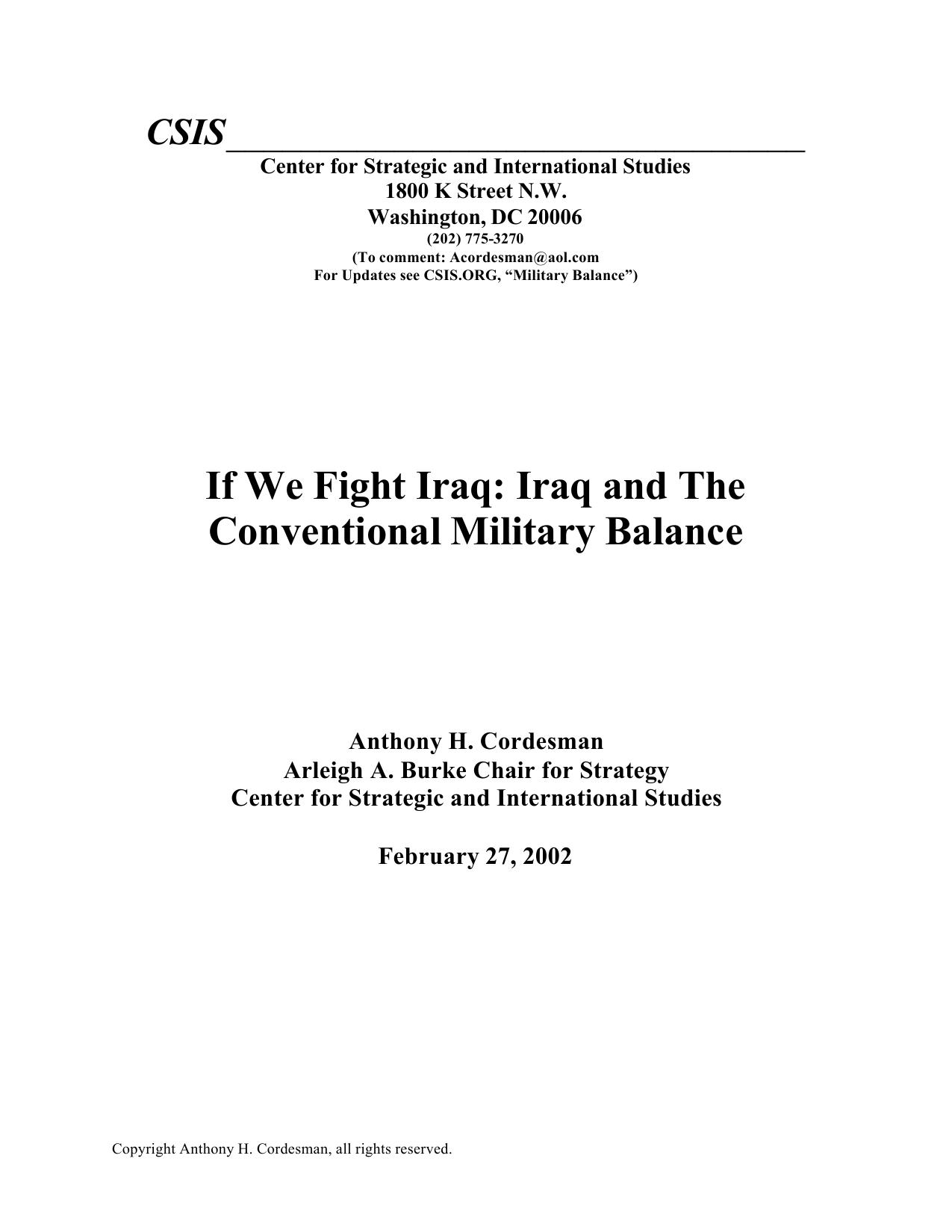 If We Fight Iraq: Iraq and The Conventional Military Balance - February 27, 2002