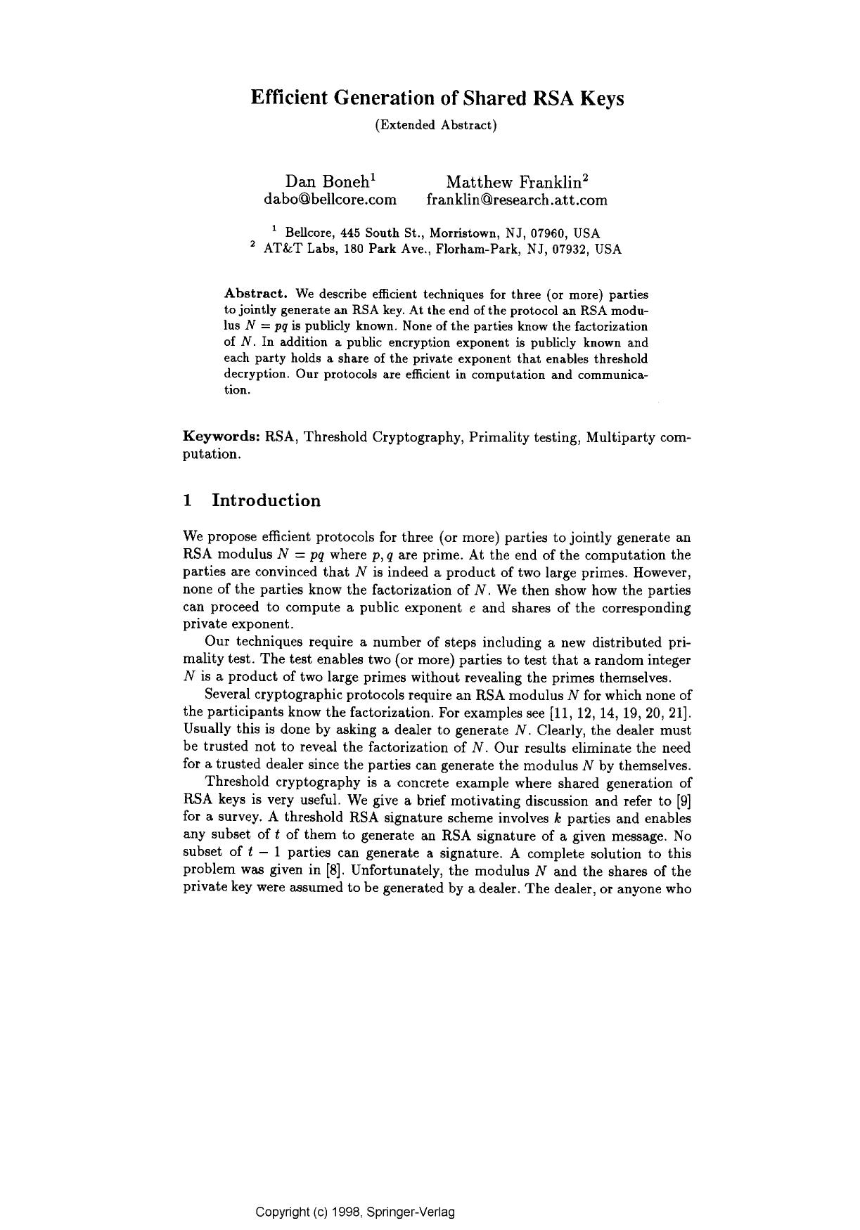 Efficient Generation of Shared RSA Keys