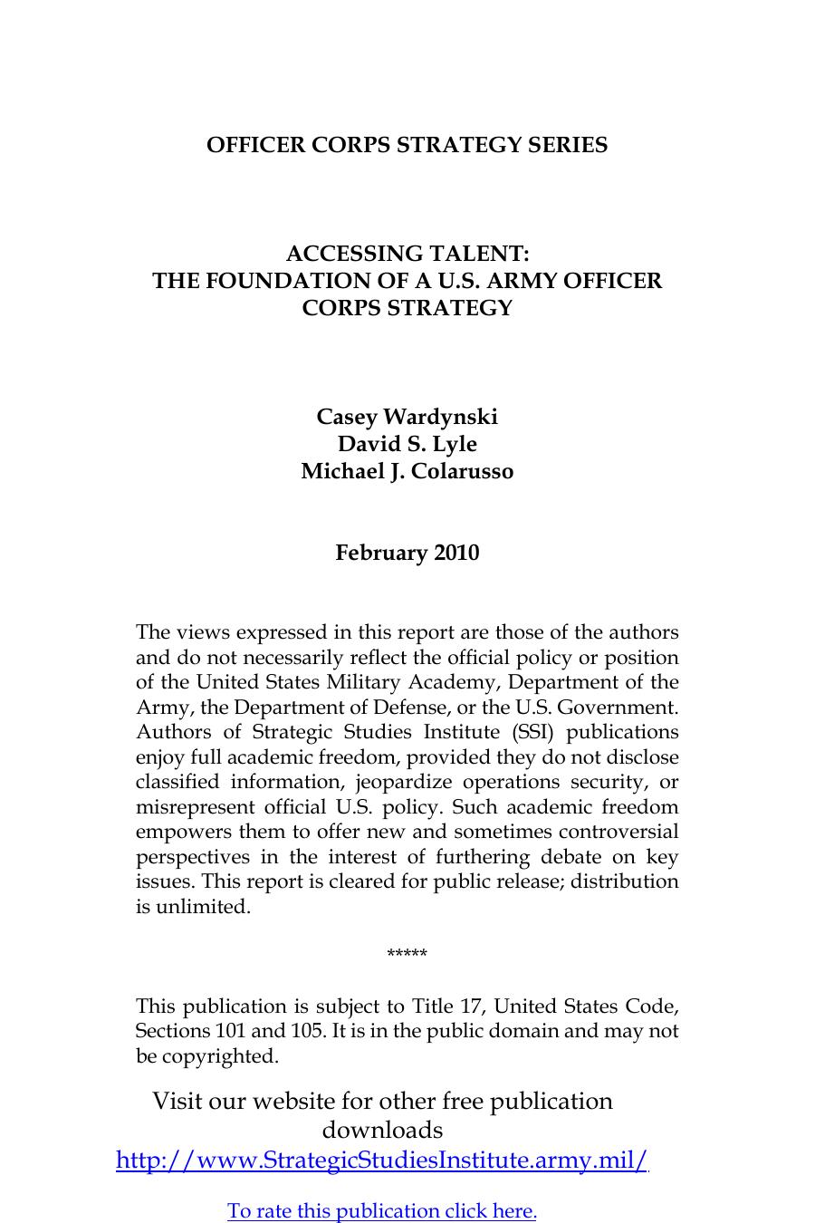 Accessing Talent: The Foundation of a U.S. Army Officer Corps Strategy