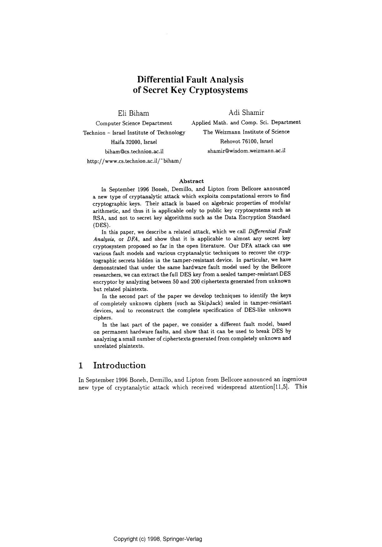 Differential Fault Analysis of Secret Key Cryptosystems