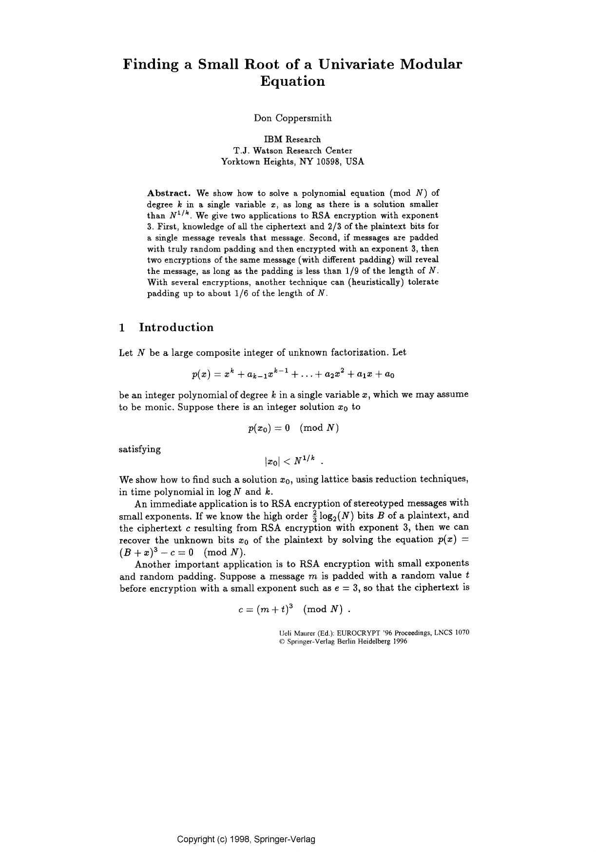 Finding a small root of a univariate modular equation