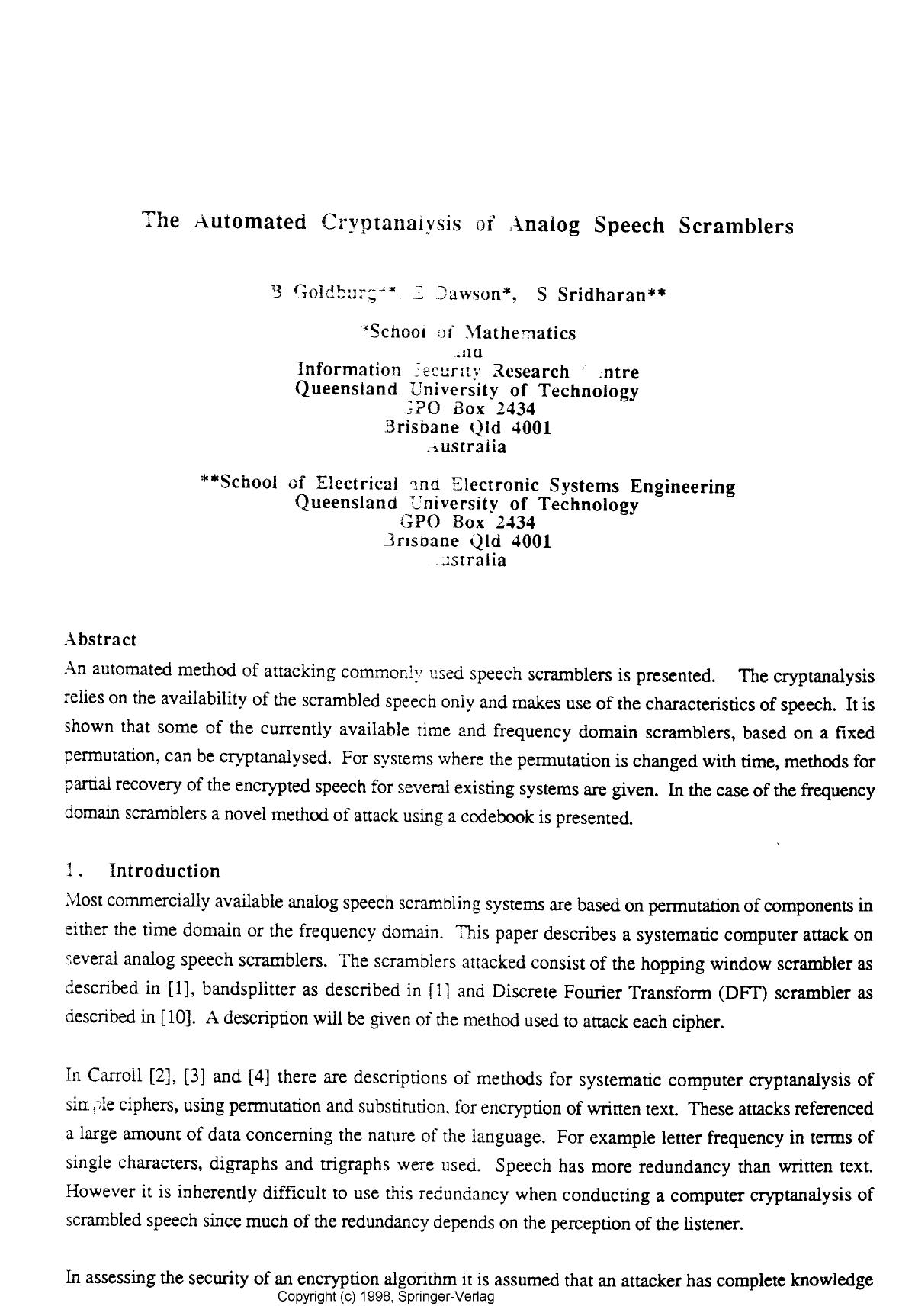The Automated Cryptanalysis of Analog Speech Scramblers
