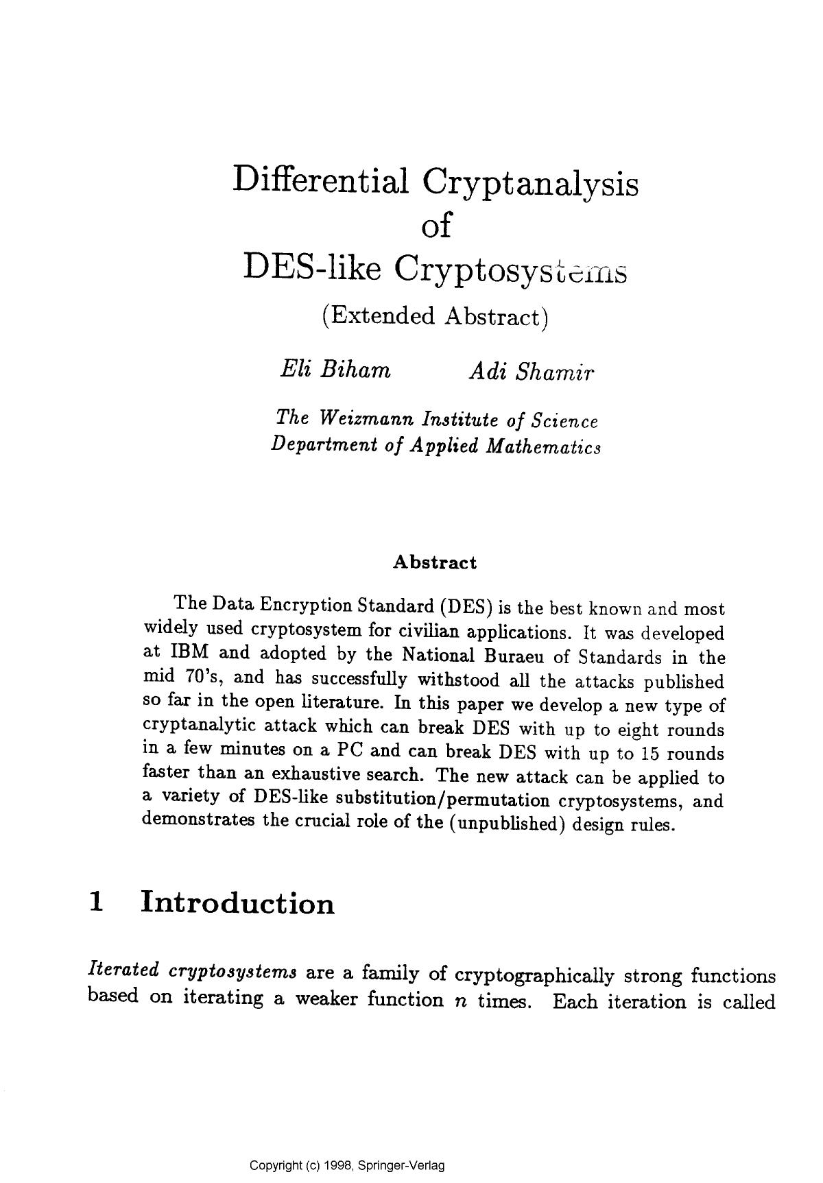 Differential cryptanalysis of DES-like cryptosystems (Extended abstract)