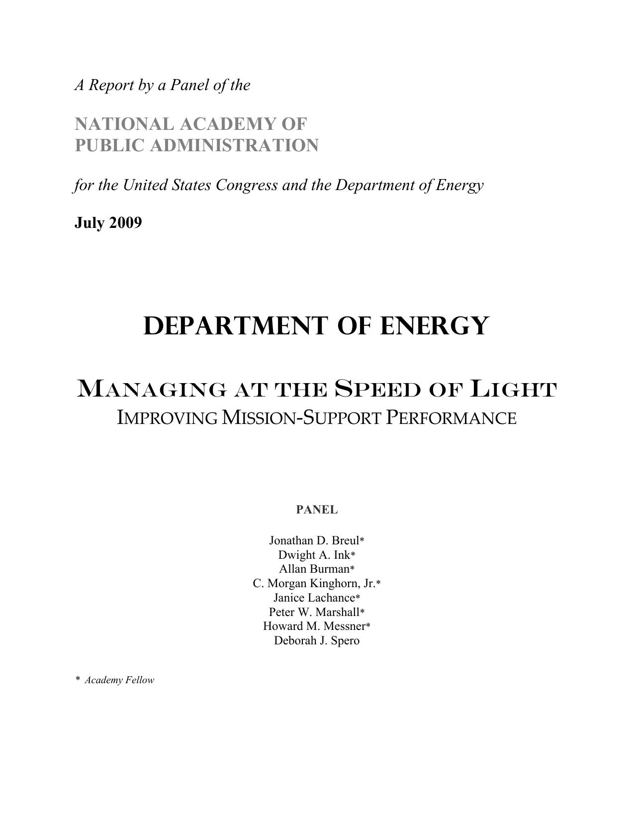 Department of Energy: Managing at the Speed of Light – Improving Mission-Support Performance