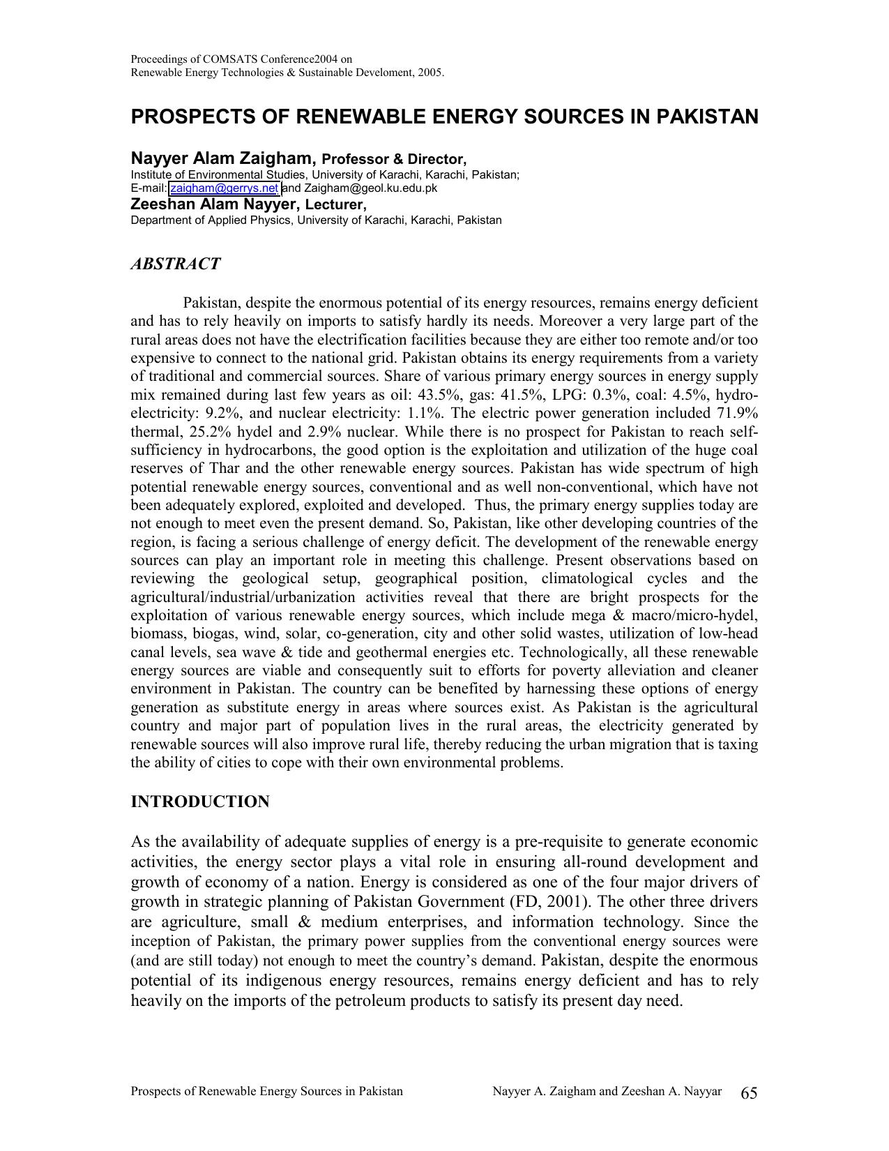 PROSPECTS OF RENEWABLE ENERGY SOURCES IN PAKISTAN