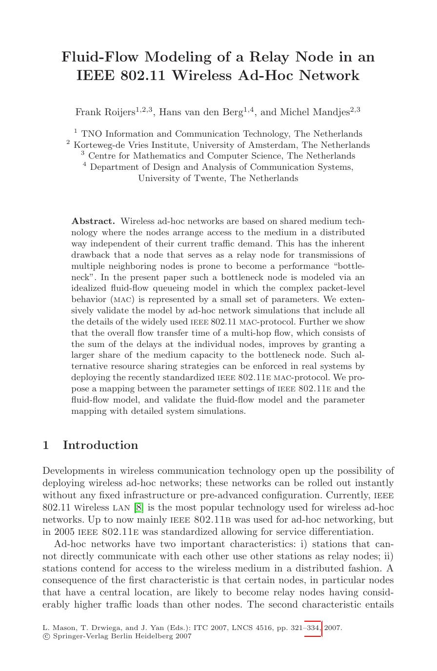 LNCS 4516 - Fluid-Flow Modeling of a Relay Node in an IEEE 802.11 Wireless Ad-Hoc Network