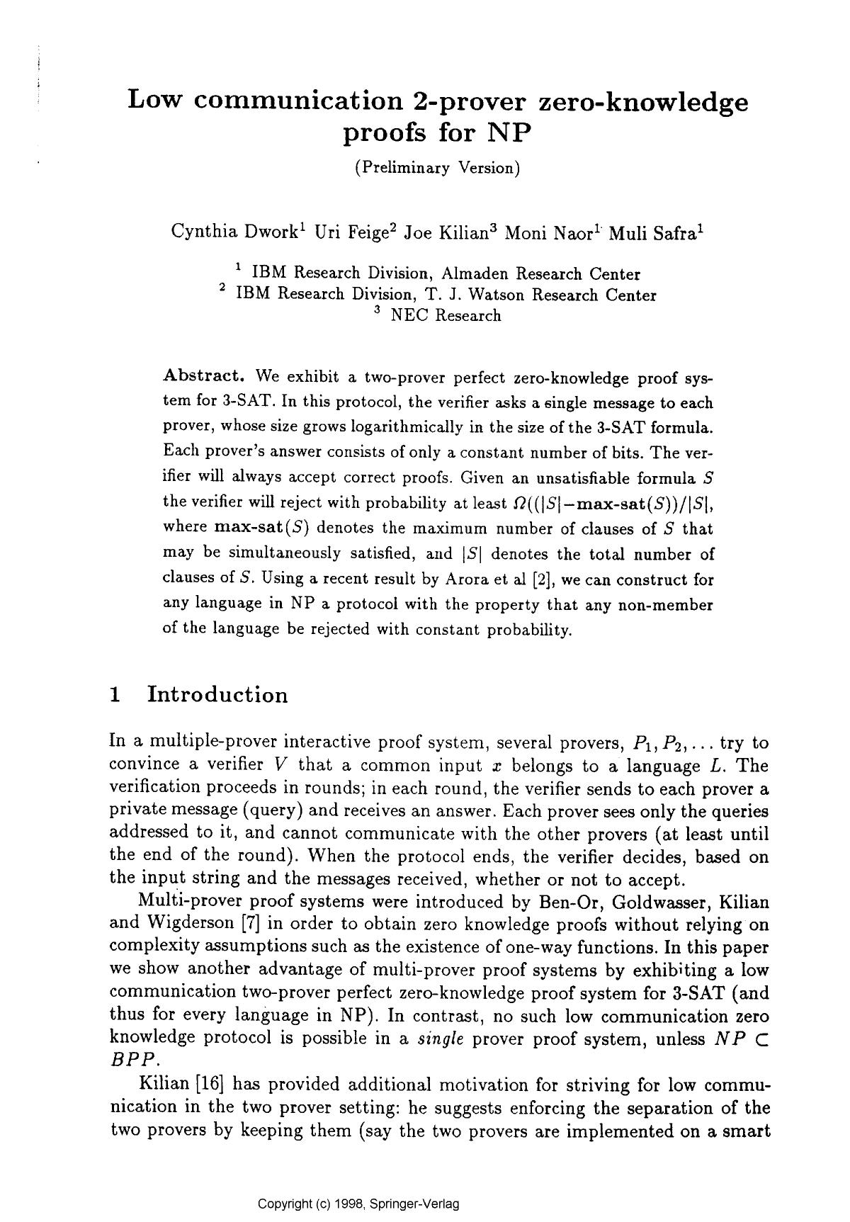 Low communication 2-prover zero-knowledge proofs for NP