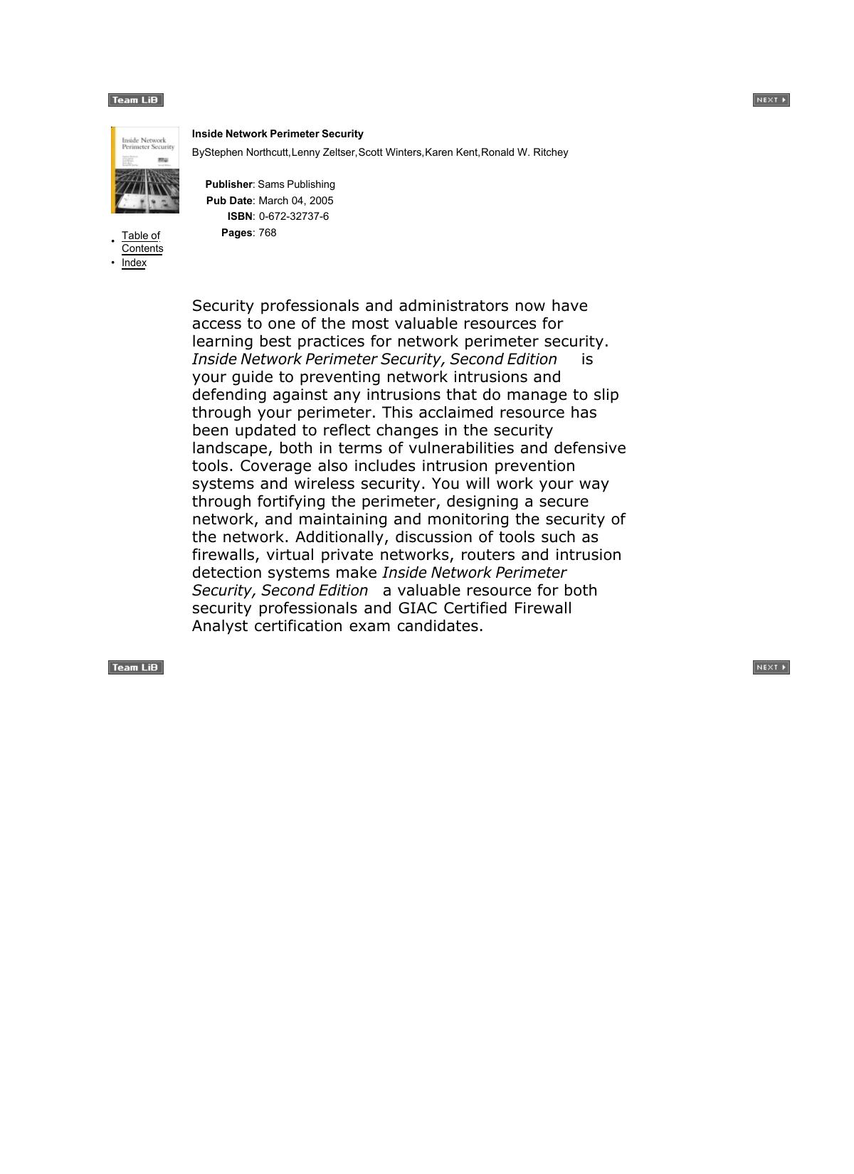 (Sams) Inside Network Perimeter Security, 2Nd Edition (2005)