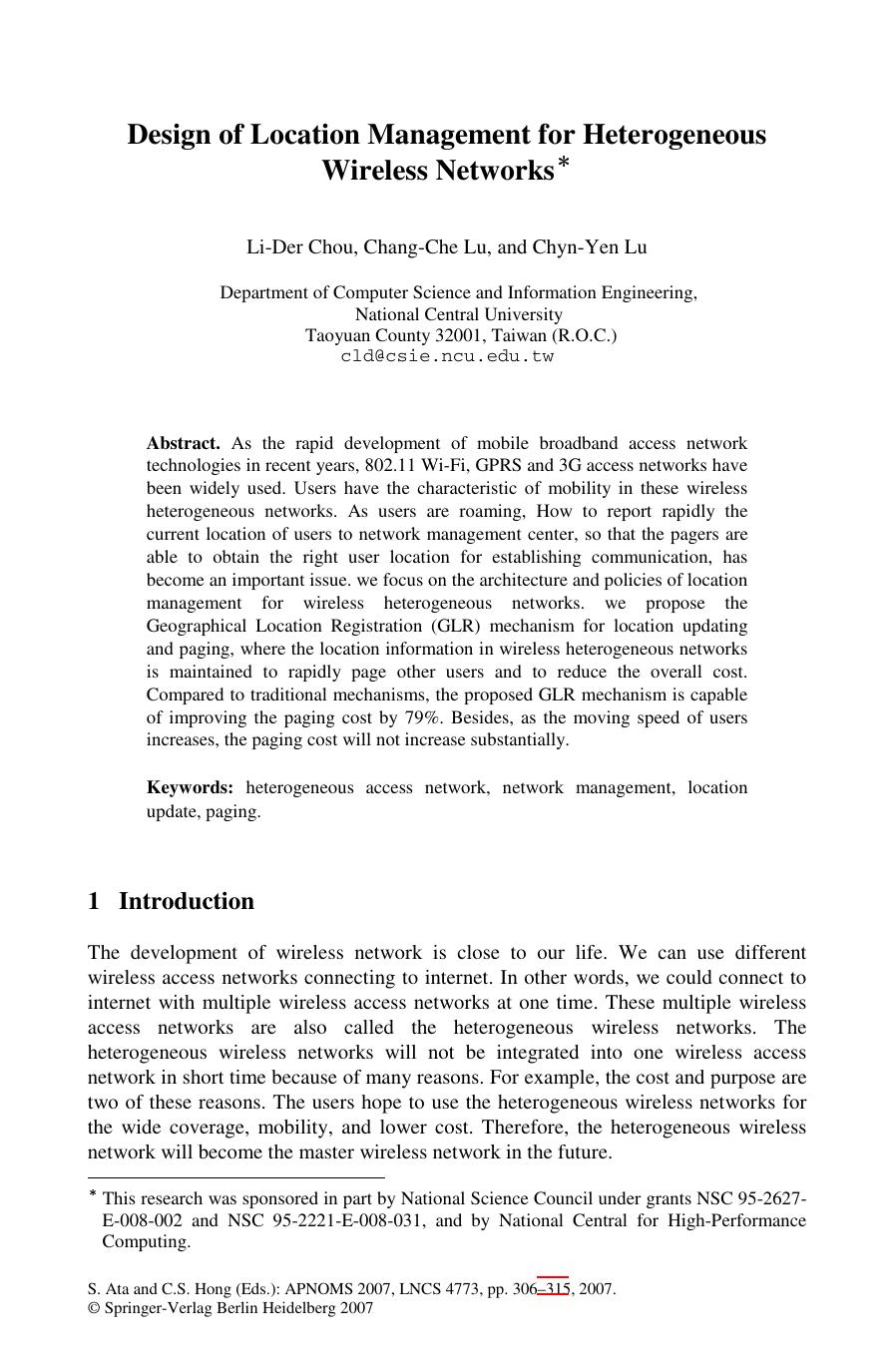 LNCS 4773 - Design of Location Management for Heterogeneous Wireless Networks