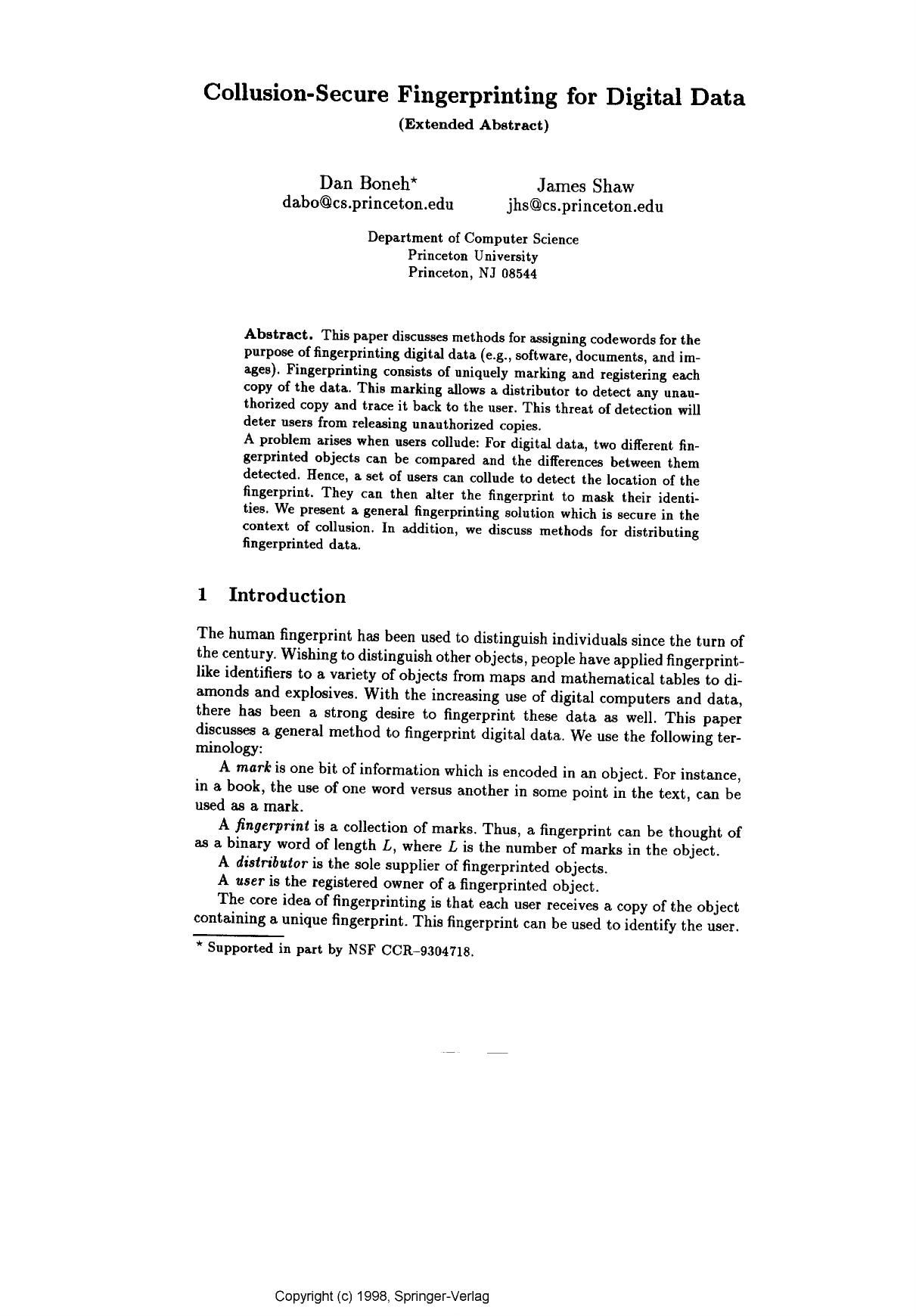 Collusion-Secure Fingerprinting for Digital Data