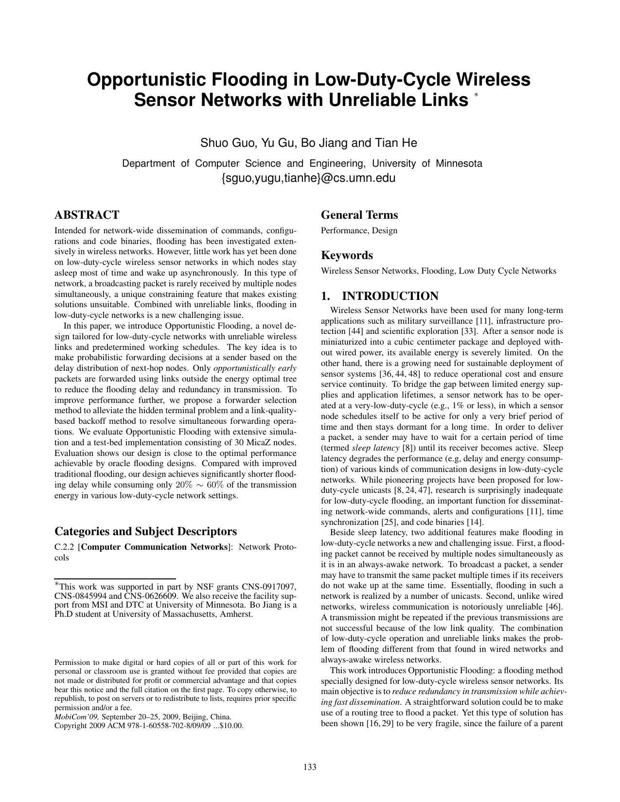 Opportunistic flooding in low-duty-cycle wireless sensor networks with unreliable links